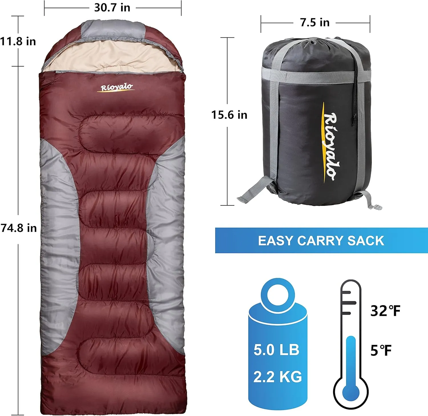 0 Degree Winter Sleeping Bags for Adults Camping (450GSM) - Temp Range (5F32F) Portable Waterproof Compression Sack- Camping Sleeping Bags for Big and Tall in Env Hoodie: Backpacking Hiking 4 Season