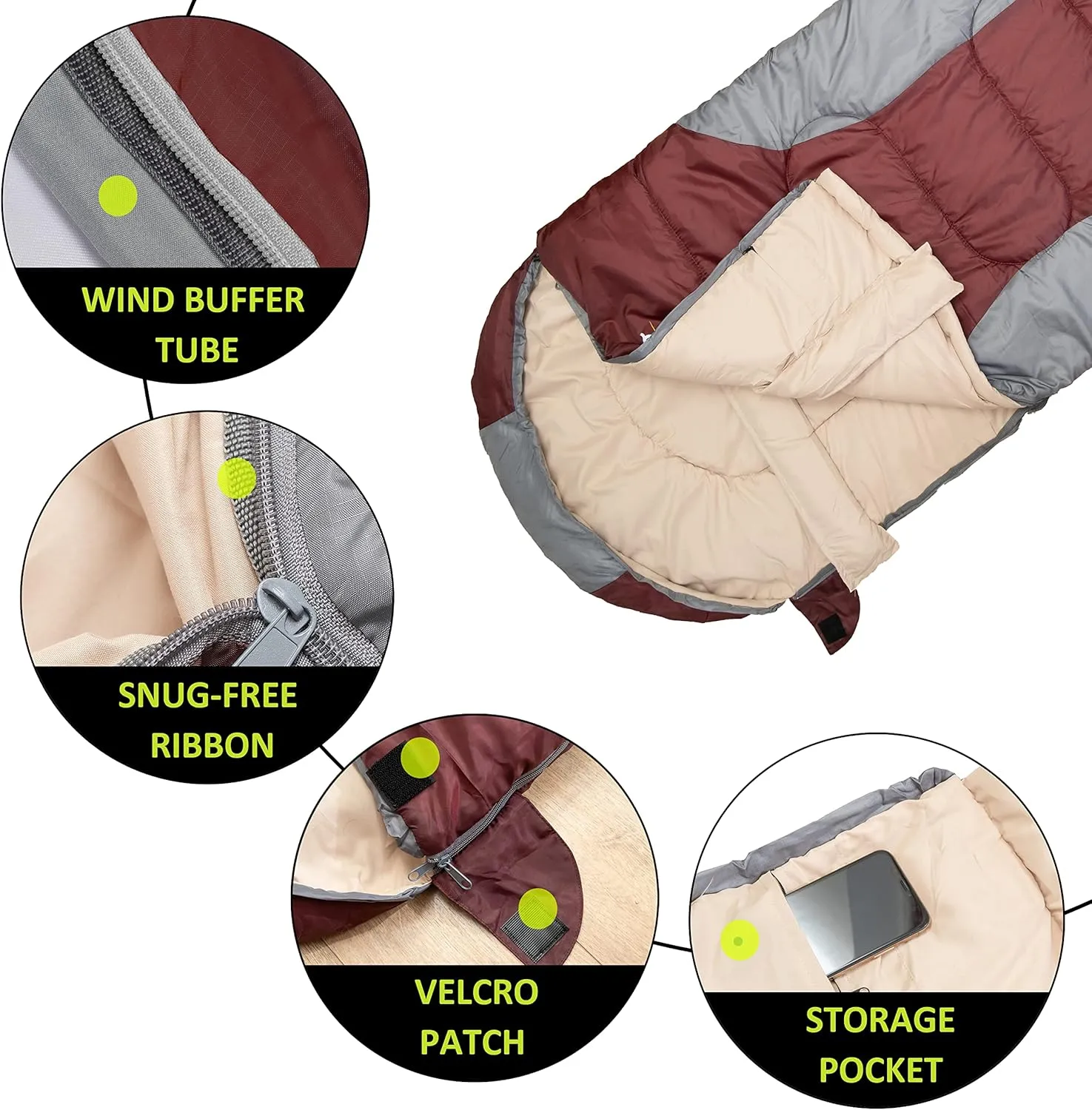 0 Degree Winter Sleeping Bags for Adults Camping (450GSM) - Temp Range (5F32F) Portable Waterproof Compression Sack- Camping Sleeping Bags for Big and Tall in Env Hoodie: Backpacking Hiking 4 Season