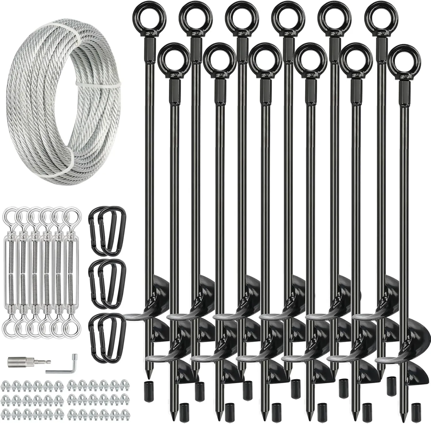 12 Pcs 30" Long Ground Anchors Shed Anchors Kit with 3/16" Galvanized Cable & Turnbuckles & Carabiners, Heavy Duty Earth Anchors for Sheds Trees Trampoline Greenhouse Swing Set Tent.