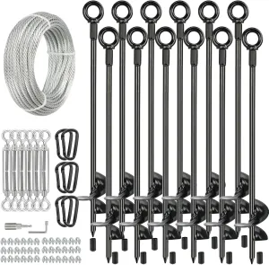 12 Pcs 30" Long Ground Anchors Shed Anchors Kit with 3/16" Galvanized Cable & Turnbuckles & Carabiners, Heavy Duty Earth Anchors for Sheds Trees Trampoline Greenhouse Swing Set Tent.