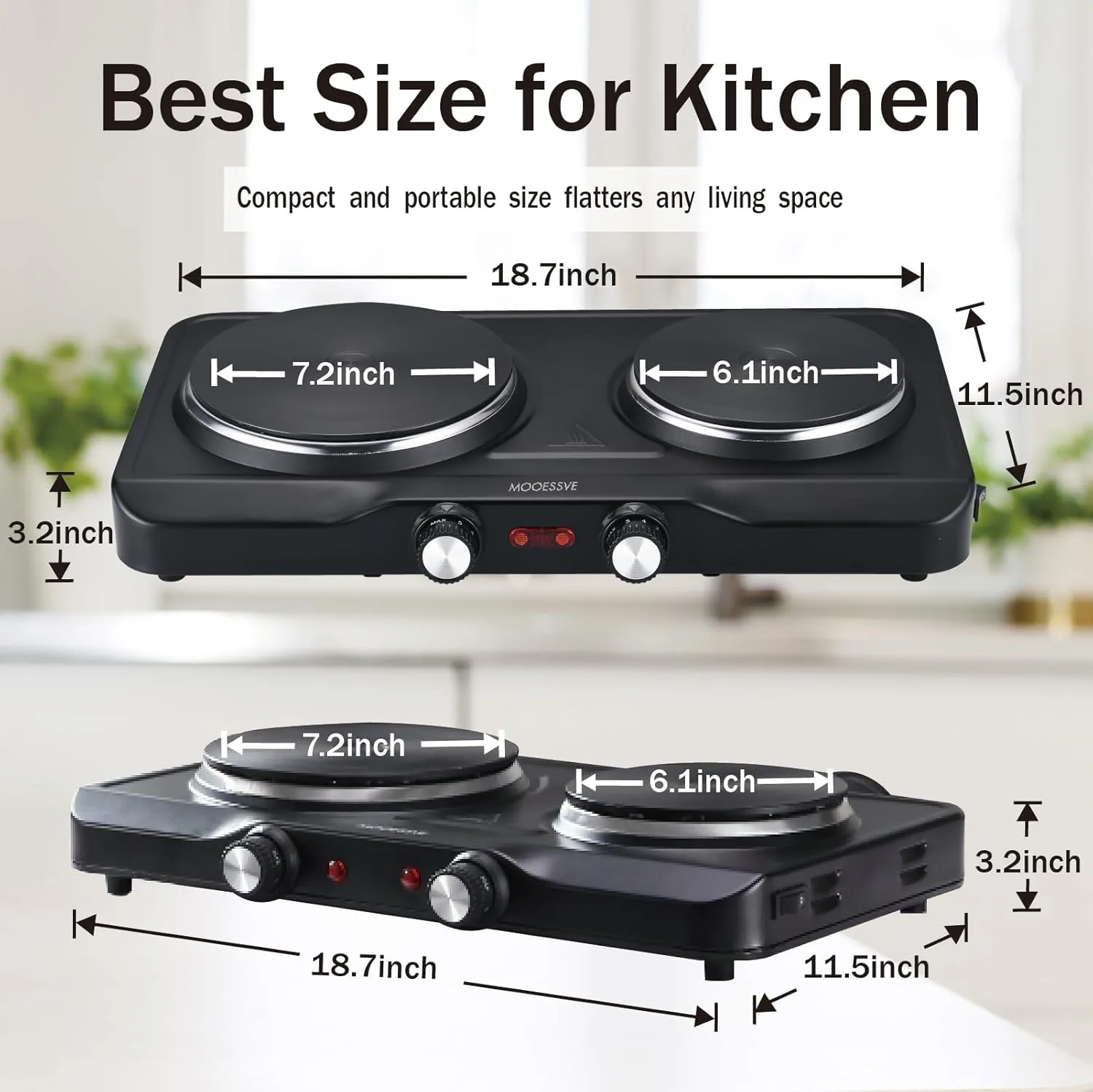 1800W Electric Hot Plate for Cooking, Double Burner with 7.2"&6.1" Aluminum Heating Plate, Portable Cooking Stove, Adjustable Temperature Controls, Easy to Clean, Compatible for All Cookwares