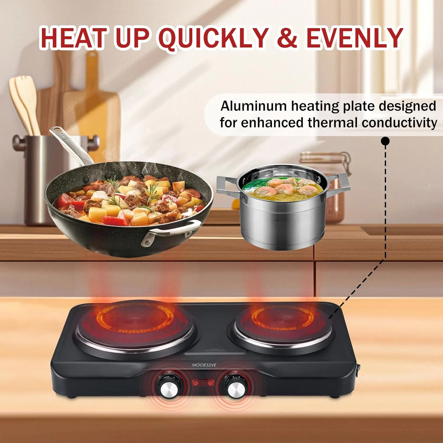 1800W Electric Hot Plate for Cooking, Double Burner with 7.2"&6.1" Aluminum Heating Plate, Portable Cooking Stove, Adjustable Temperature Controls, Easy to Clean, Compatible for All Cookwares