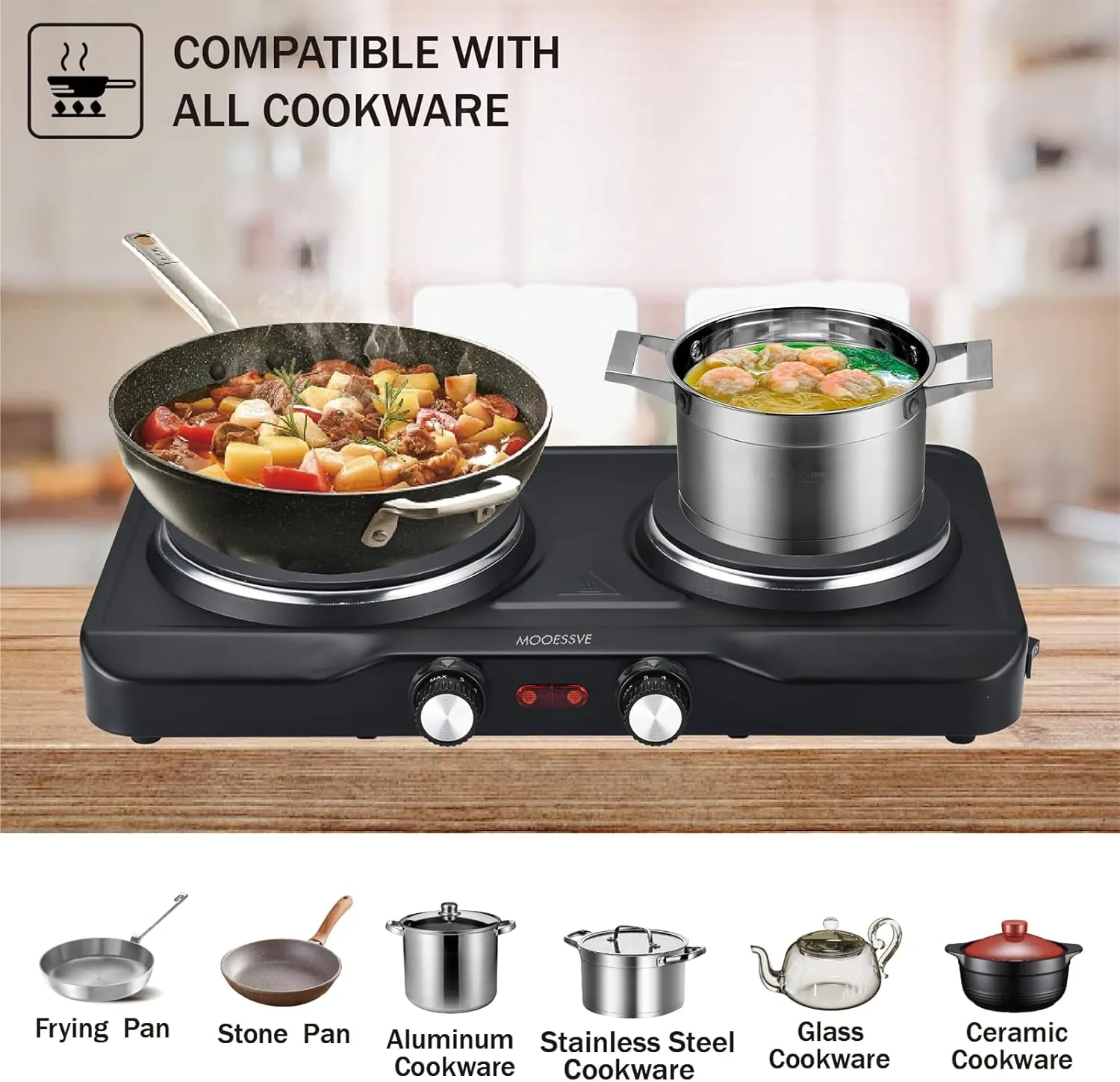 1800W Electric Hot Plate for Cooking, Double Burner with 7.2"&6.1" Aluminum Heating Plate, Portable Cooking Stove, Adjustable Temperature Controls, Easy to Clean, Compatible for All Cookwares