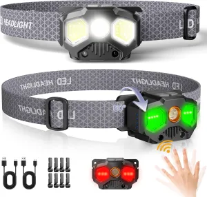2 Pack Headlamp Rechargeable, 1400 Lumen Lightweight Head Lamps LED Rechargeable with White Green Red Light, Waterproof Motion Sensor Head Lamp,14 Modes with Memory Function for Running