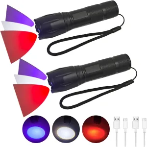 2 Pack LED Rechargeable Red Flashlight, LED Small 395 NM Black Flashlight with Memory Function, Super Bright Zoomable Red Light Black Lights Flashlights with USB C Charging for Camping Hiking Home