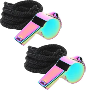 2 Pack Stainless Steel Metal Whistles with Lanyard | Loud Crisp Sound for Coaches, Teachers, Referees, and Emergency Use | Colorful Sports Whistles