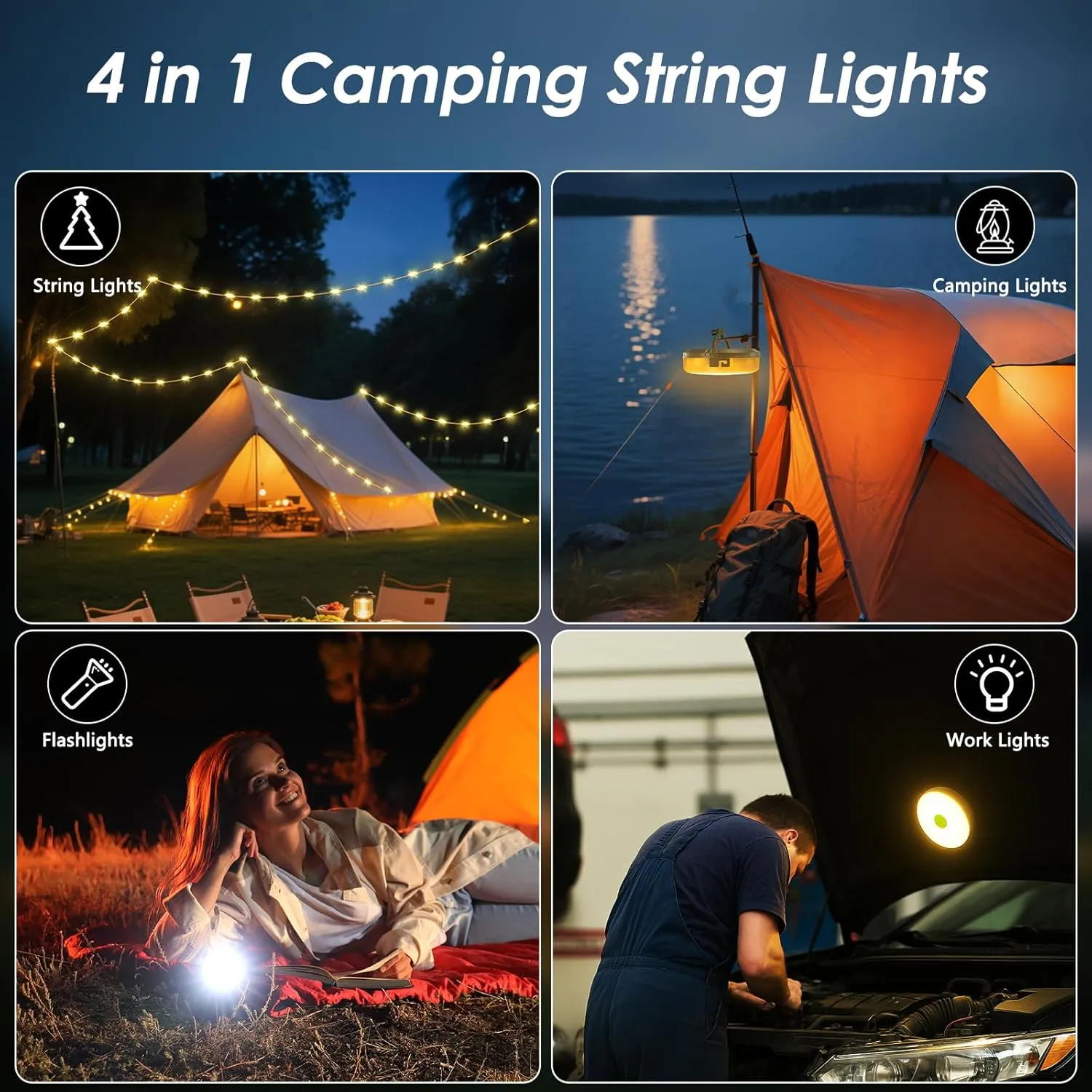 2Pack Camping String Lights, 4-in-1 Quick Storage Camp Light, 8Mode 32.8FT Hanging Tent Lights, Rechargeable Camp Lamp As Camping Essentials Gear, Waterproof LED Lantern for Hiking Travel Patio Party