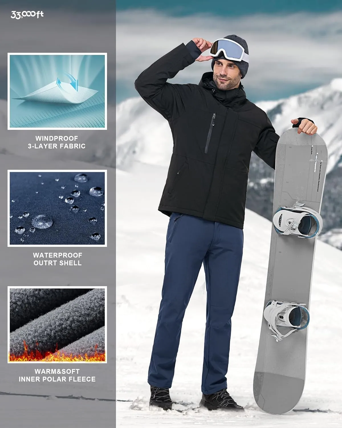 33,000ft Men's Winter Snow Ski Fleece Lined Pants Warm Waterproof Softshell Insulated for Snowboard Outdoor Work Hiking