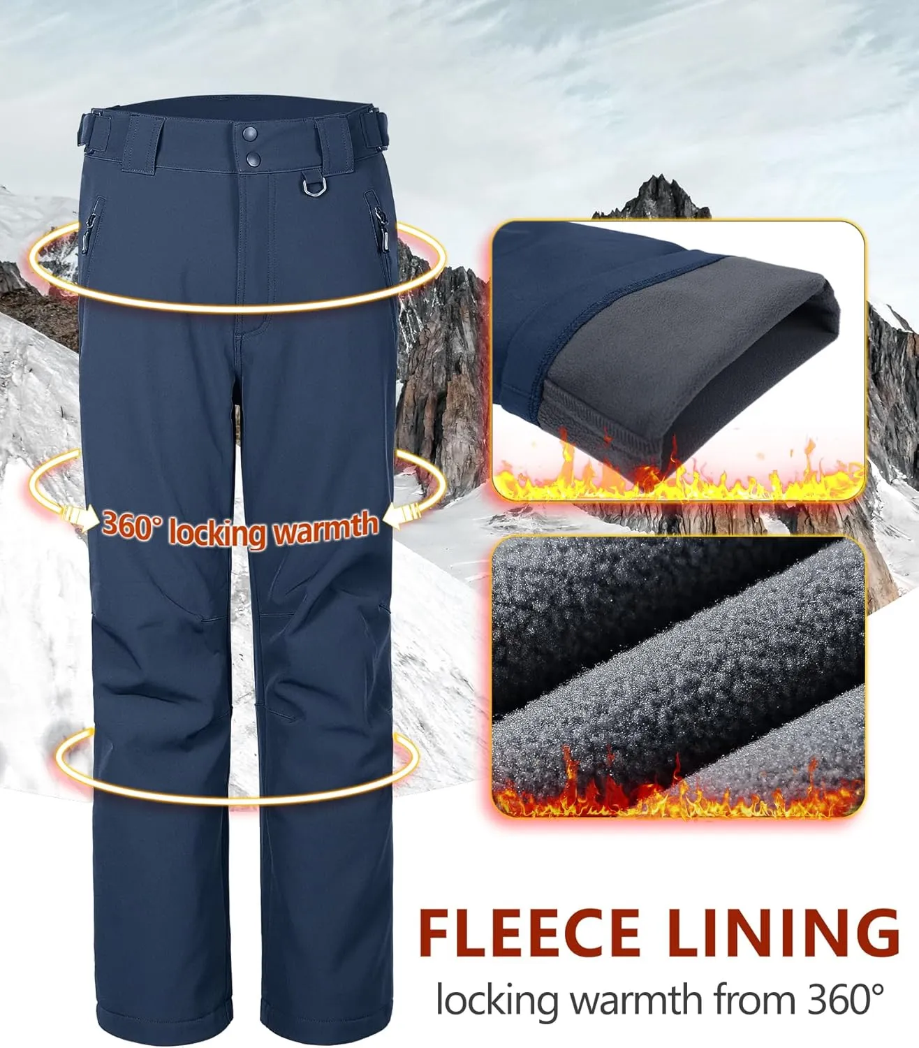 33,000ft Men's Winter Snow Ski Fleece Lined Pants Warm Waterproof Softshell Insulated for Snowboard Outdoor Work Hiking
