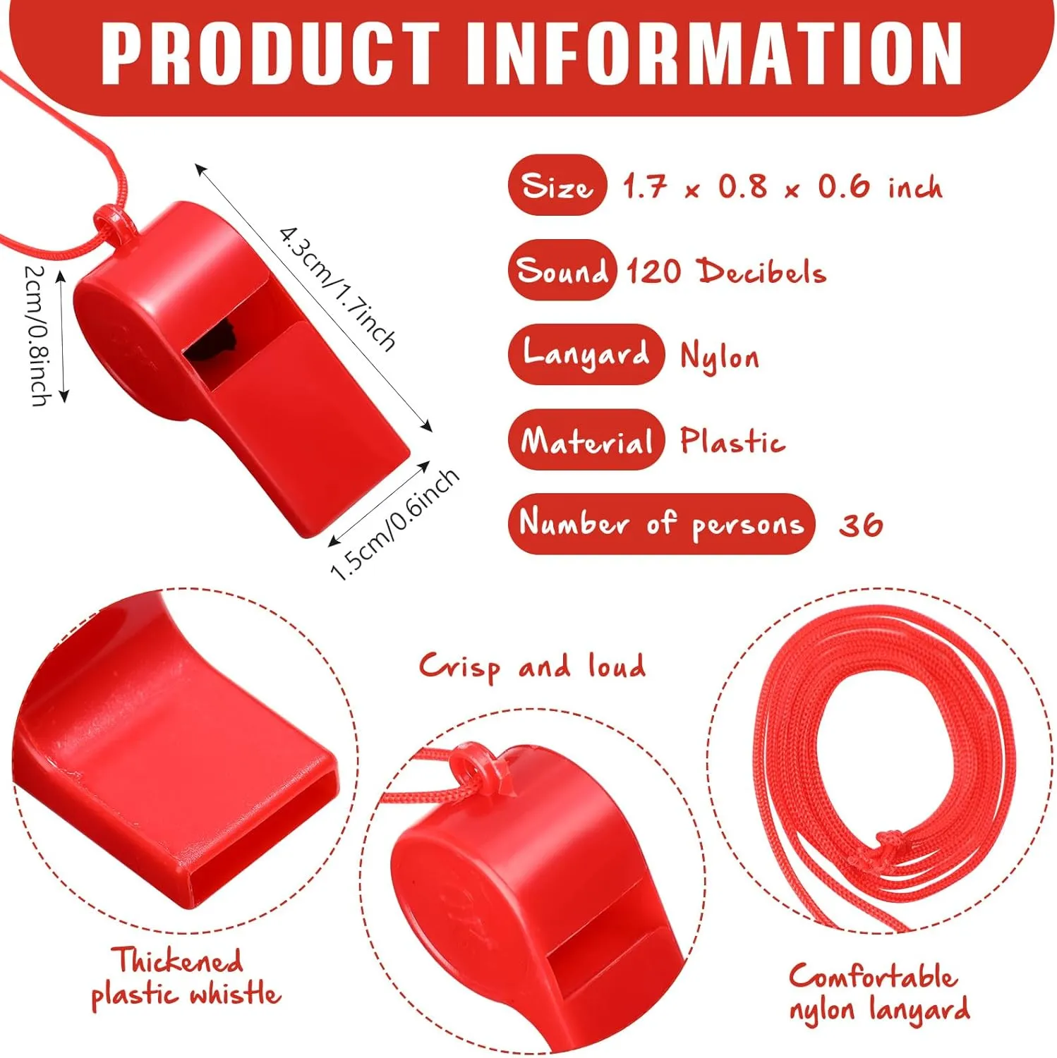 36 Pcs Plastic Whistles with Lanyard Lifeguard ref Whistle Sports Whistle Loud Crisp Sports Whistle Emergency Whistle