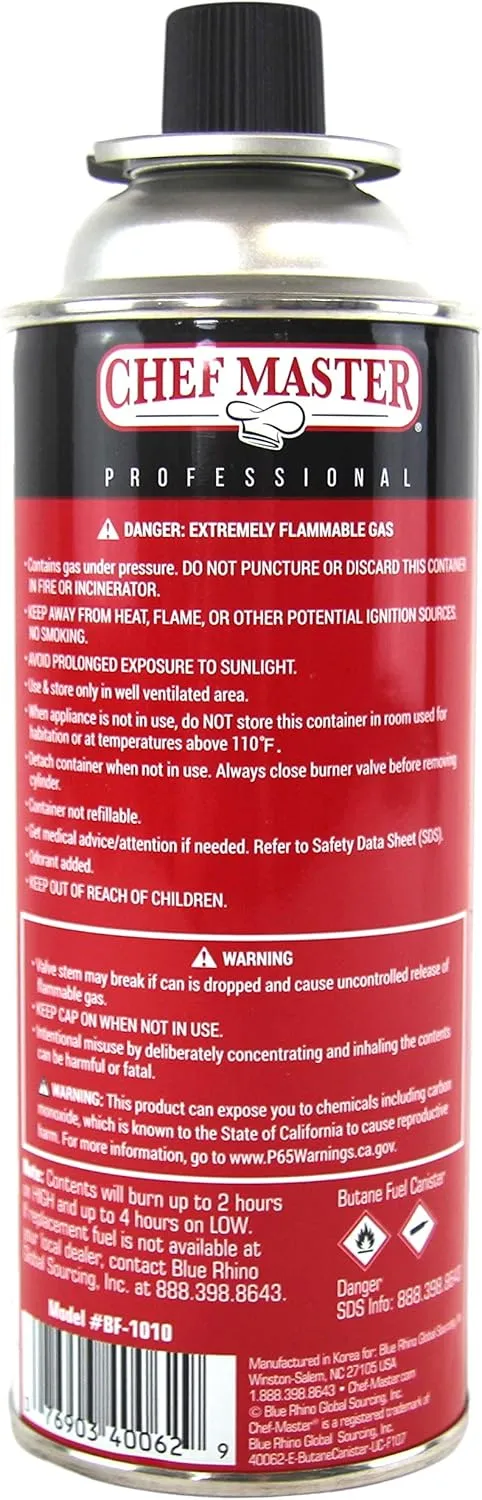 4 x 8oz. Butane Fuel Canister, Tin Fuel Refill for Kitchen Torch, Portable Camp Stove, Butane Camp Stove, Tin Canister for Picnics, Outdoor Cooking & Grilling & Camping Essentials by Chef Master 90340