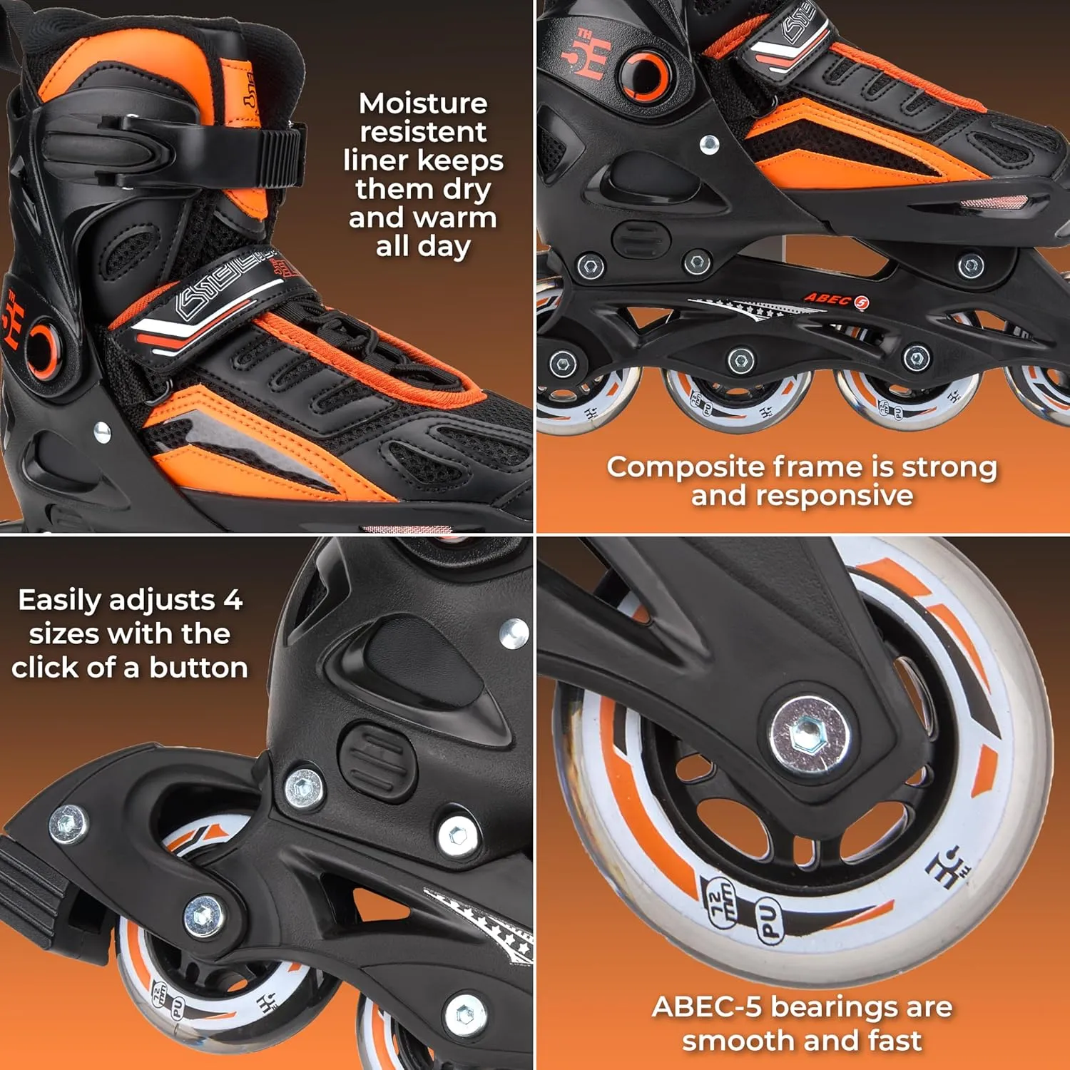 5th Element Kids Adjustable Inline Skates for Boys and Girls with Ankle Support Roller Skates-Includes Skate Bag
