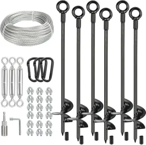6 Pcs 30" Long Ground Anchors Shed Anchors Kit with 3/16" Galvanized Cable & Turnbuckles & Carabiners, Heavy Duty Earth Anchors for Sheds Trees Trampoline Greenhouse Swing Set Tent.
