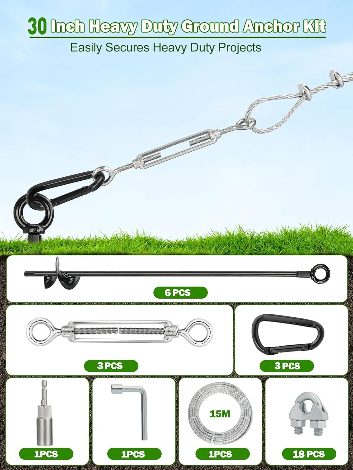 6 Pcs 30" Long Ground Anchors Shed Anchors Kit with 3/16" Galvanized Cable & Turnbuckles & Carabiners, Heavy Duty Earth Anchors for Sheds Trees Trampoline Greenhouse Swing Set Tent.