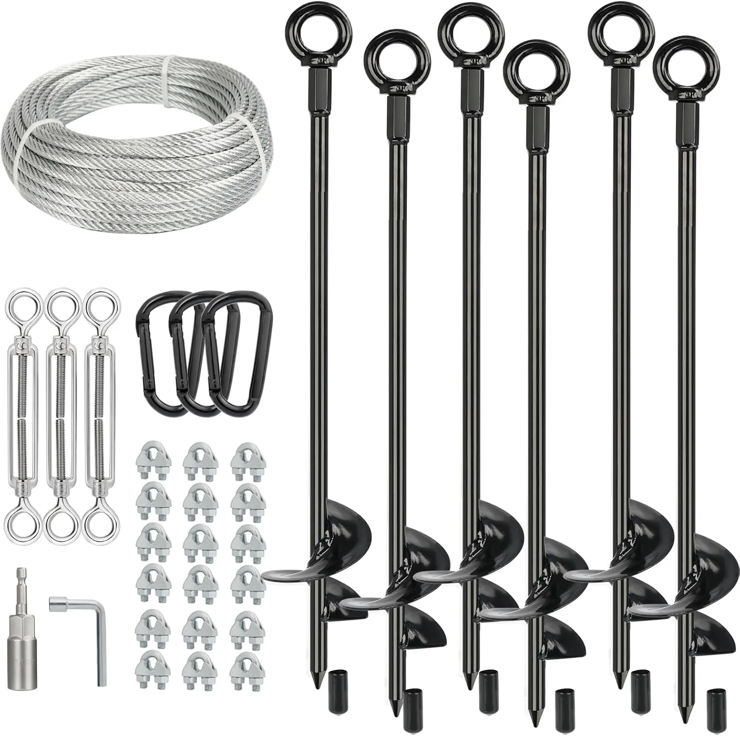 6 Pcs 30" Long Ground Anchors Shed Anchors Kit with 3/16" Galvanized Cable & Turnbuckles & Carabiners, Heavy Duty Earth Anchors for Sheds Trees Trampoline Greenhouse Swing Set Tent.