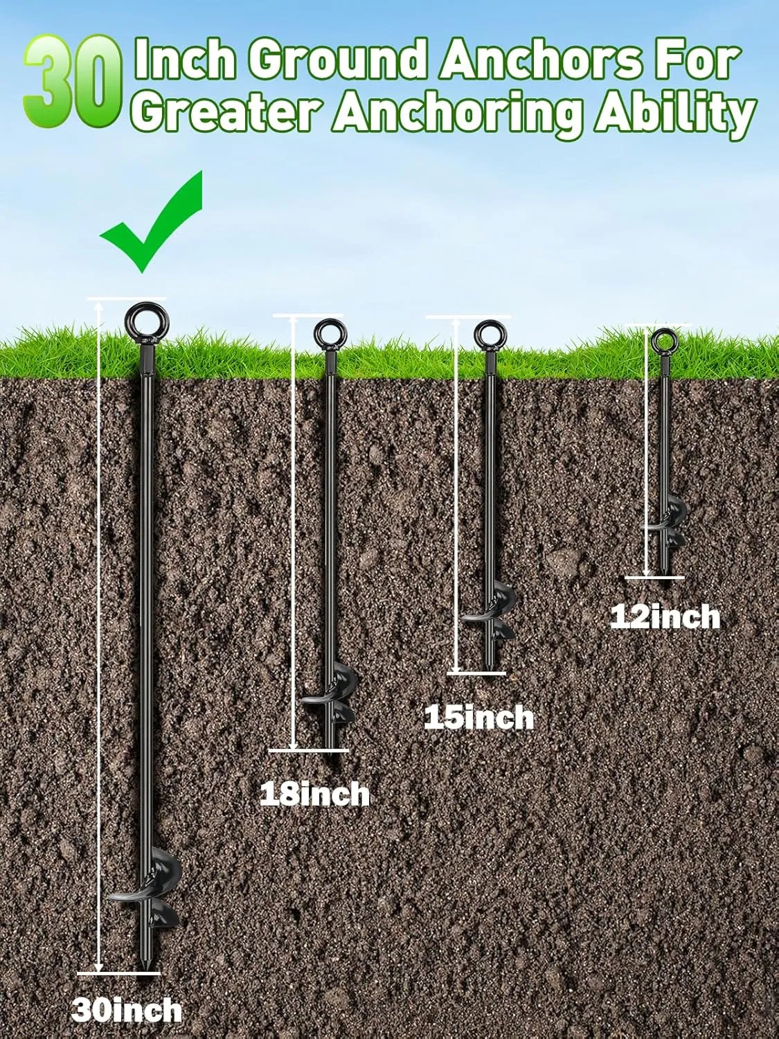 6 Pcs 30" Long Ground Anchors Shed Anchors Kit with 3/16" Galvanized Cable & Turnbuckles & Carabiners, Heavy Duty Earth Anchors for Sheds Trees Trampoline Greenhouse Swing Set Tent.