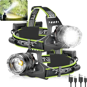 Aikertec Rechargeable Headlamp 2 Pack, Super Bright Headlamp for Adults, Motion Sensor Hands-Free, IPX7 Waterproof, Adjustable Zoom & Red Light, 8 Modes for Camping, Hiking, Running, Fishing