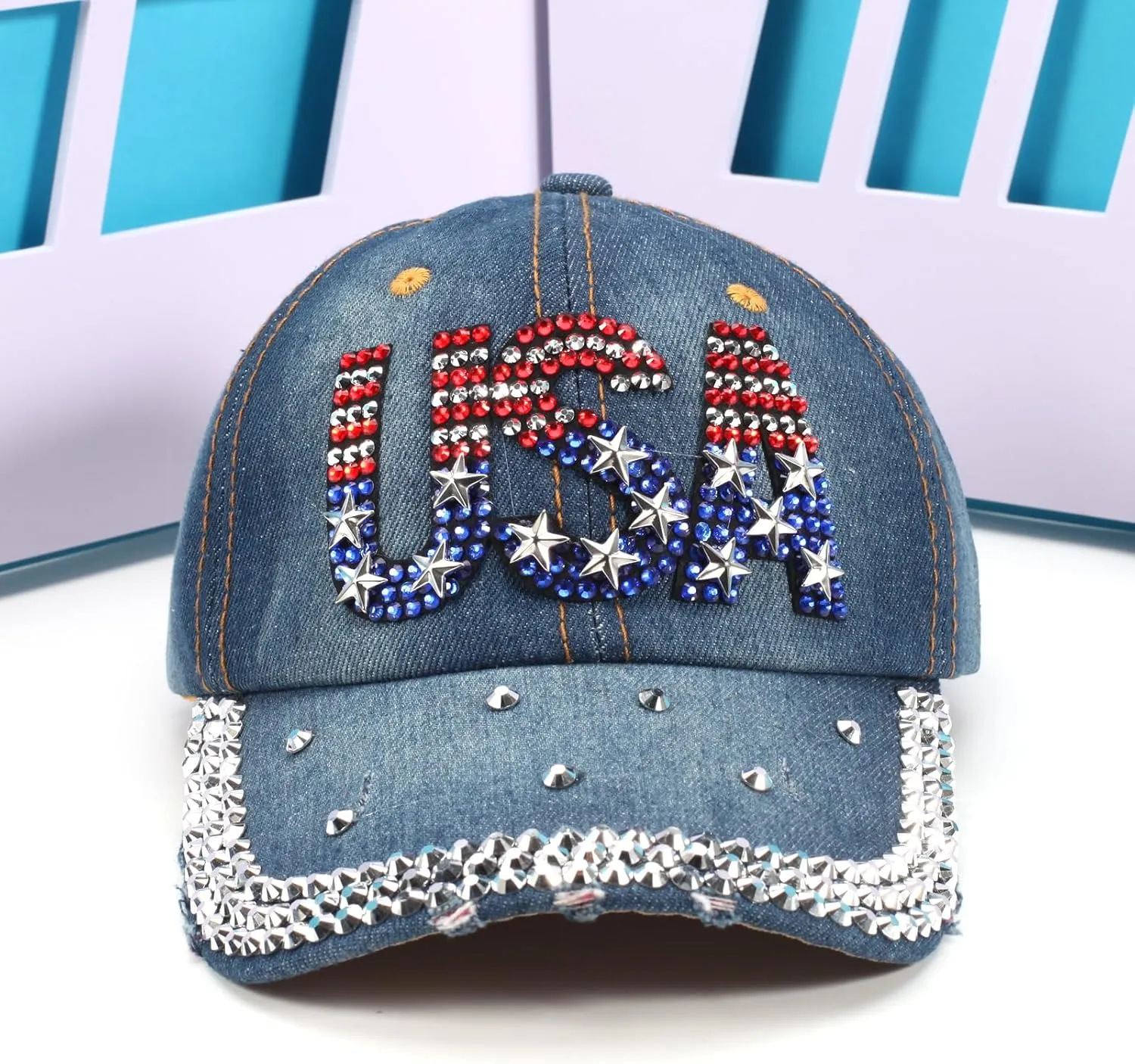 American Flag Hats Love Breast Cancer Adjustable Rhinestone Baseball Cap USA Patriotic Embroidered Baseball Trucker Hat