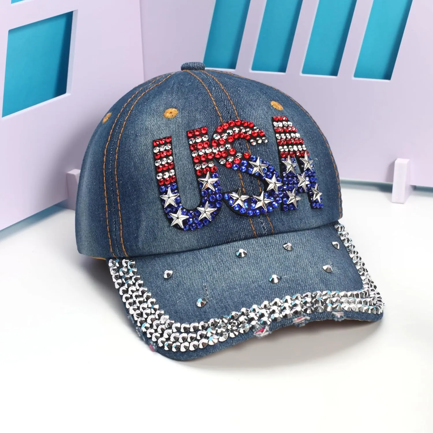 American Flag Hats Love Breast Cancer Adjustable Rhinestone Baseball Cap USA Patriotic Embroidered Baseball Trucker Hat