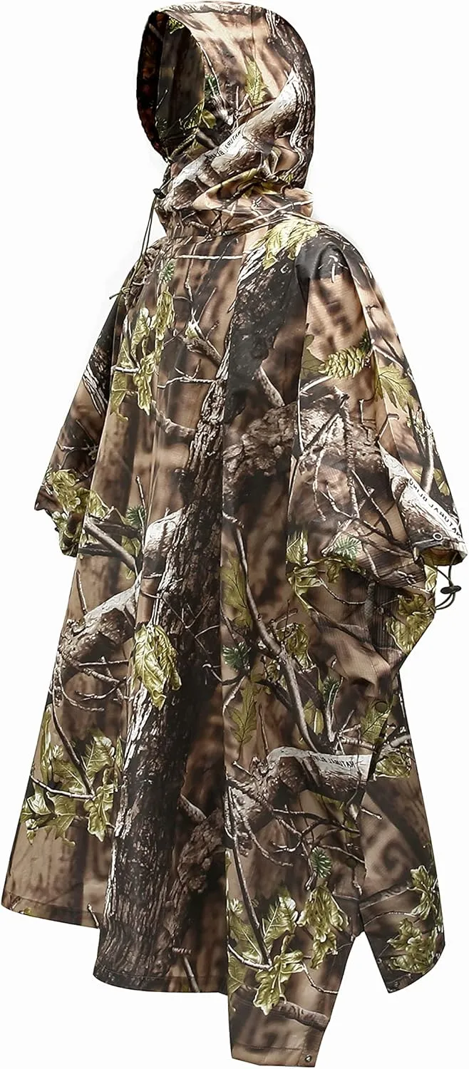 AUSCAMOTEK Camouflage Rain Poncho Hooded Waterproof Camo Raincoat with Blind Pattern for Hunting Hiking Camping Fishing