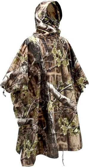 AUSCAMOTEK Camouflage Rain Poncho Hooded Waterproof Camo Raincoat with Blind Pattern for Hunting Hiking Camping Fishing