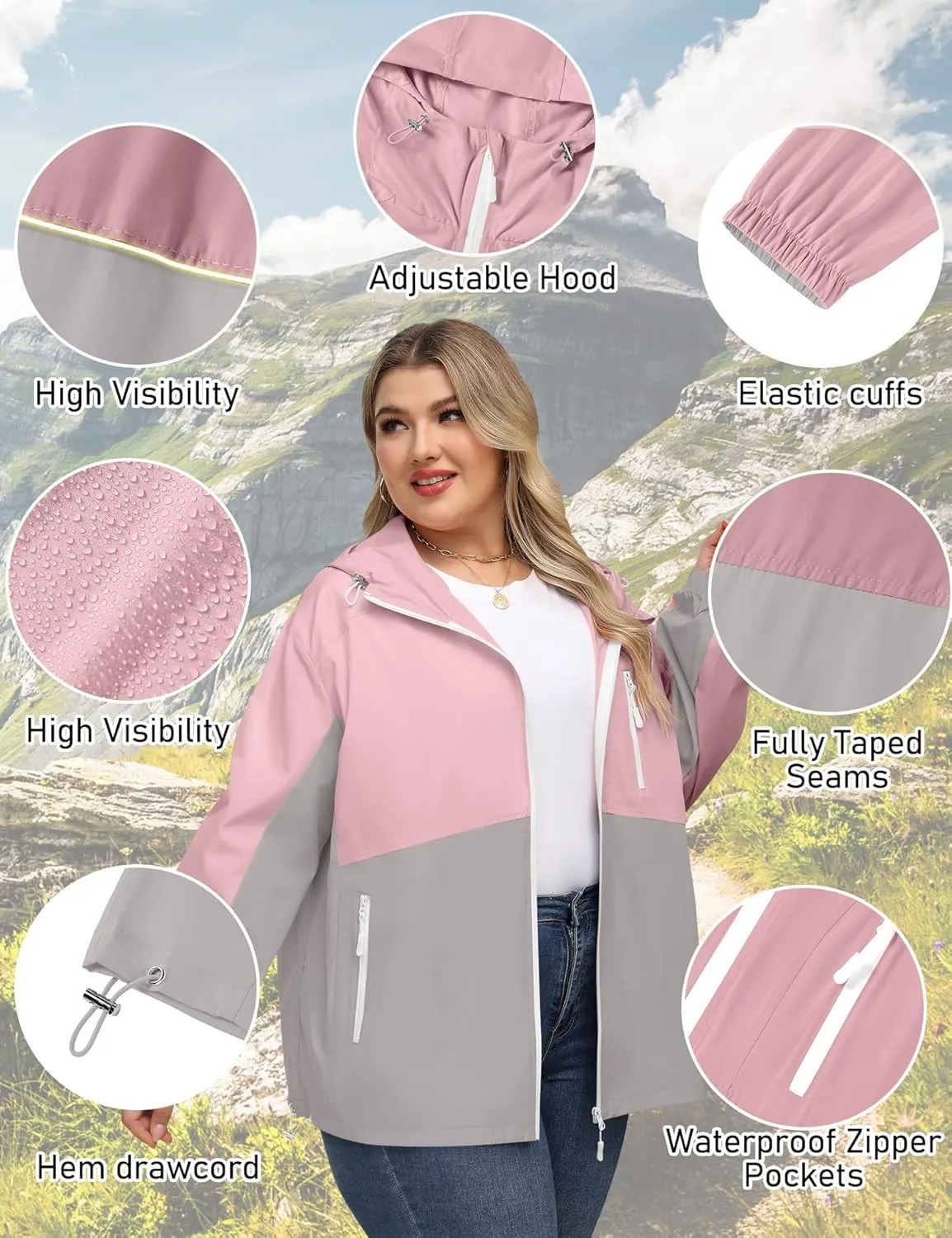 Avoogue Plus Size Womens Rain Jacket with Hood Waterproof Raincoats Lightweight Packable Outdoor Trench Coat XL-5XL