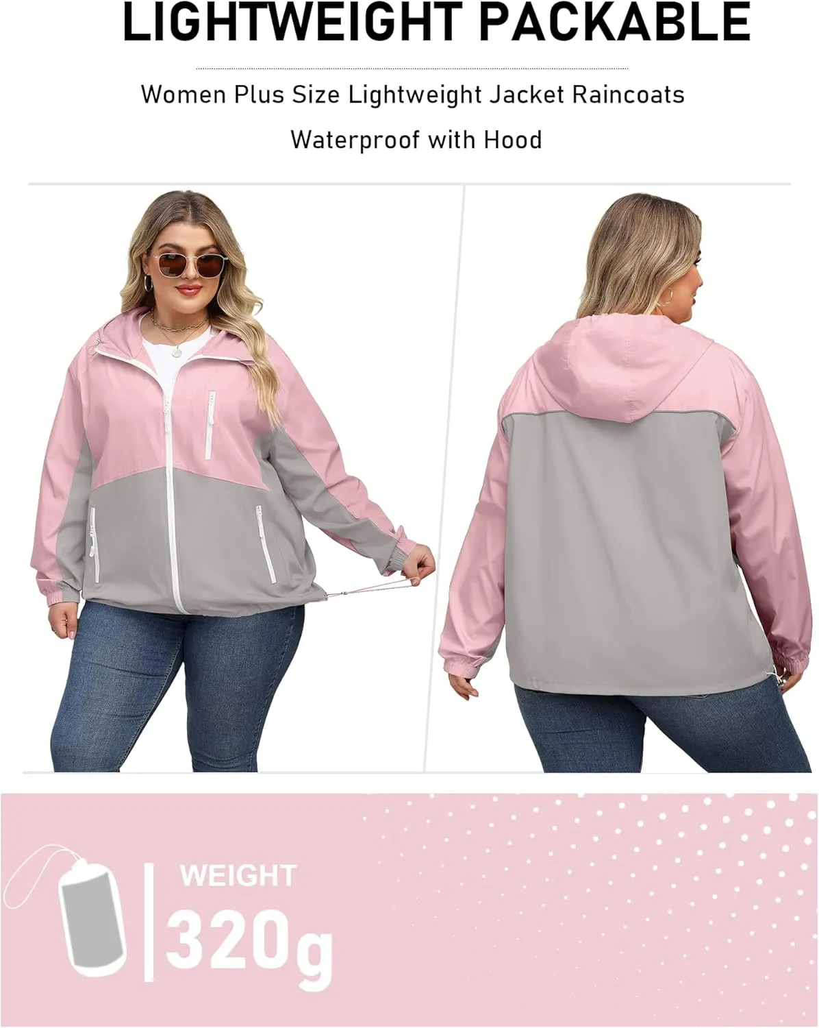 Avoogue Plus Size Womens Rain Jacket with Hood Waterproof Raincoats Lightweight Packable Outdoor Trench Coat XL-5XL