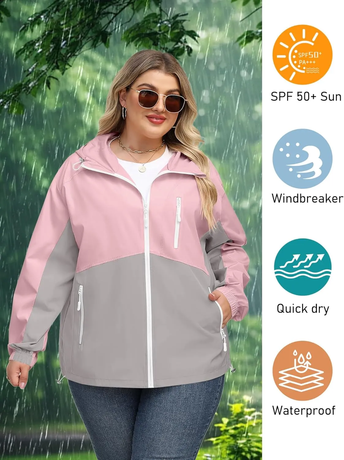 Avoogue Plus Size Womens Rain Jacket with Hood Waterproof Raincoats Lightweight Packable Outdoor Trench Coat XL-5XL