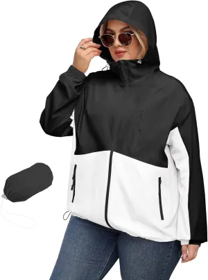 Avoogue Plus Size Womens Rain Jacket with Hood Waterproof Raincoats Lightweight Packable Outdoor Trench Coat XL-5XL