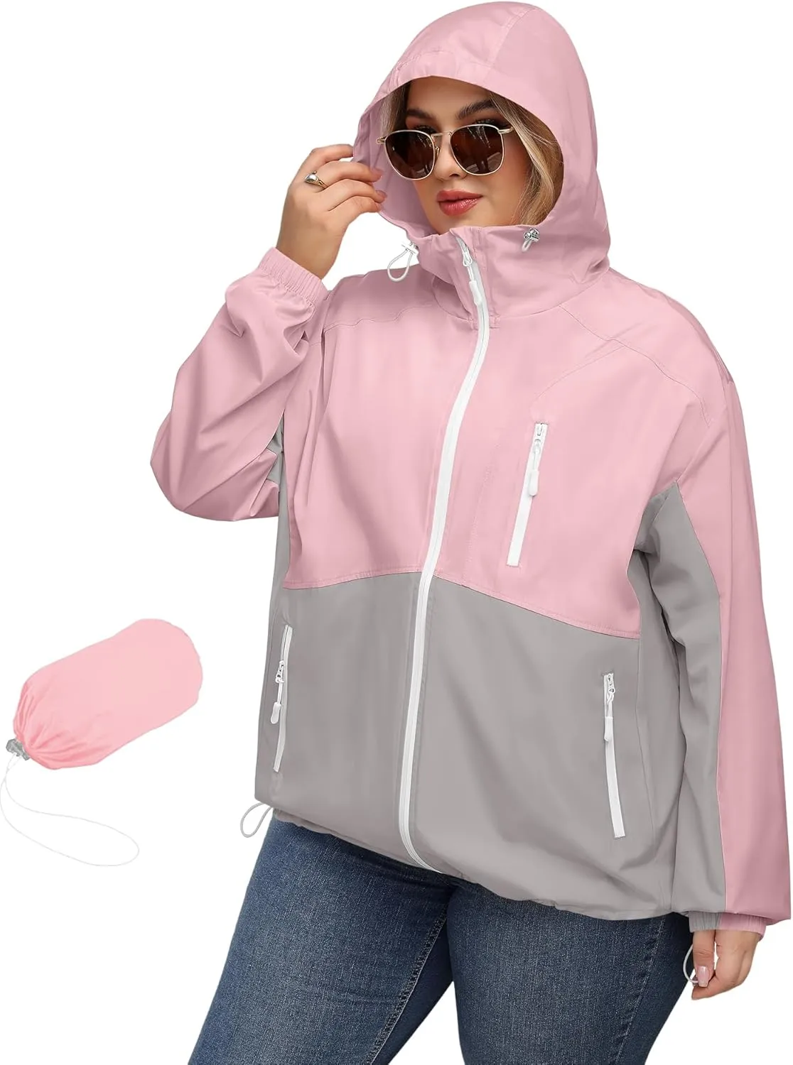 Avoogue Plus Size Womens Rain Jacket with Hood Waterproof Raincoats Lightweight Packable Outdoor Trench Coat XL-5XL