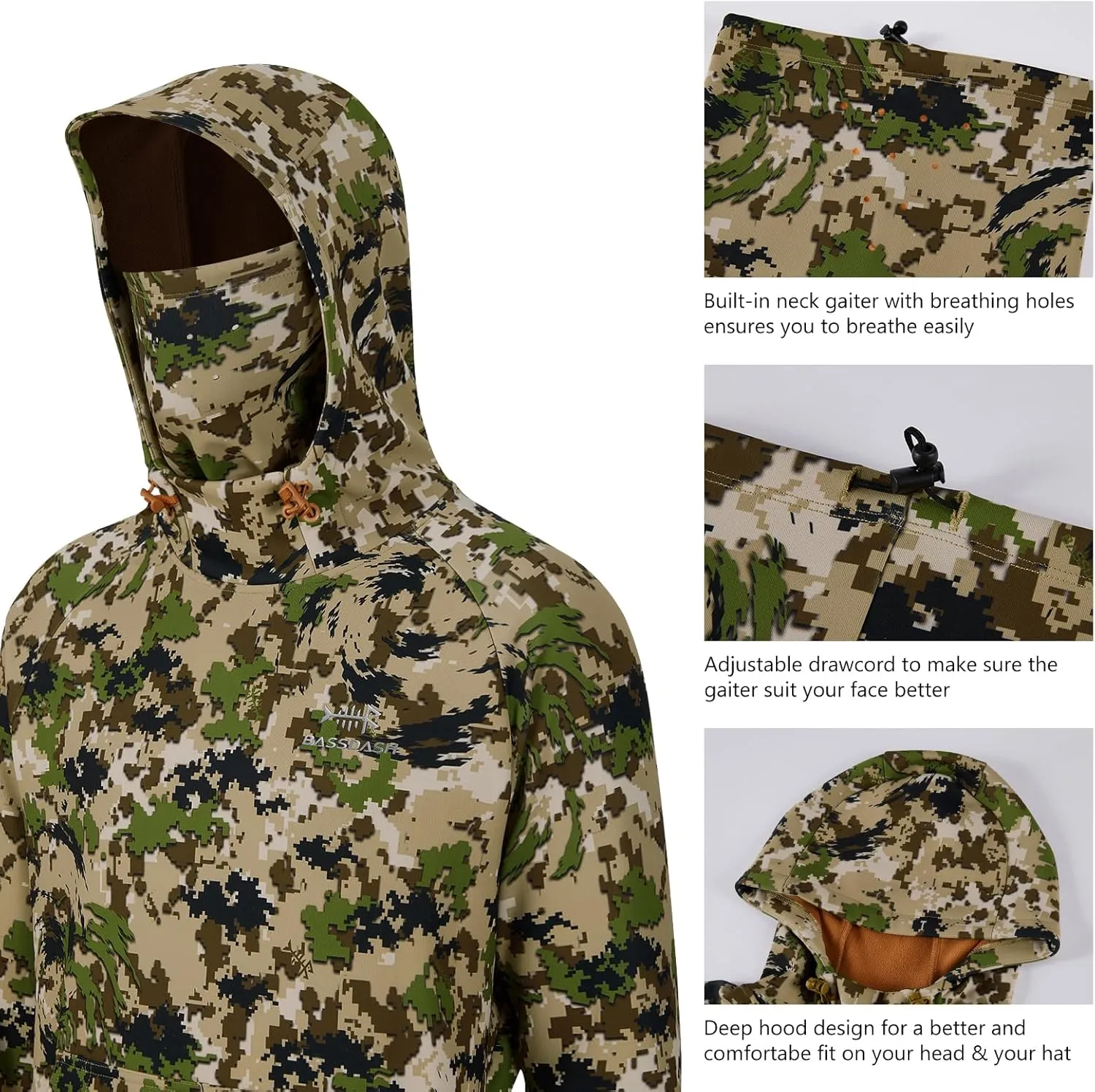 BASSDASH Mens Fishing Fleece Hoodie with Neck Gaiter Water Resistant Performance Hunting Sweatshirt FS18M