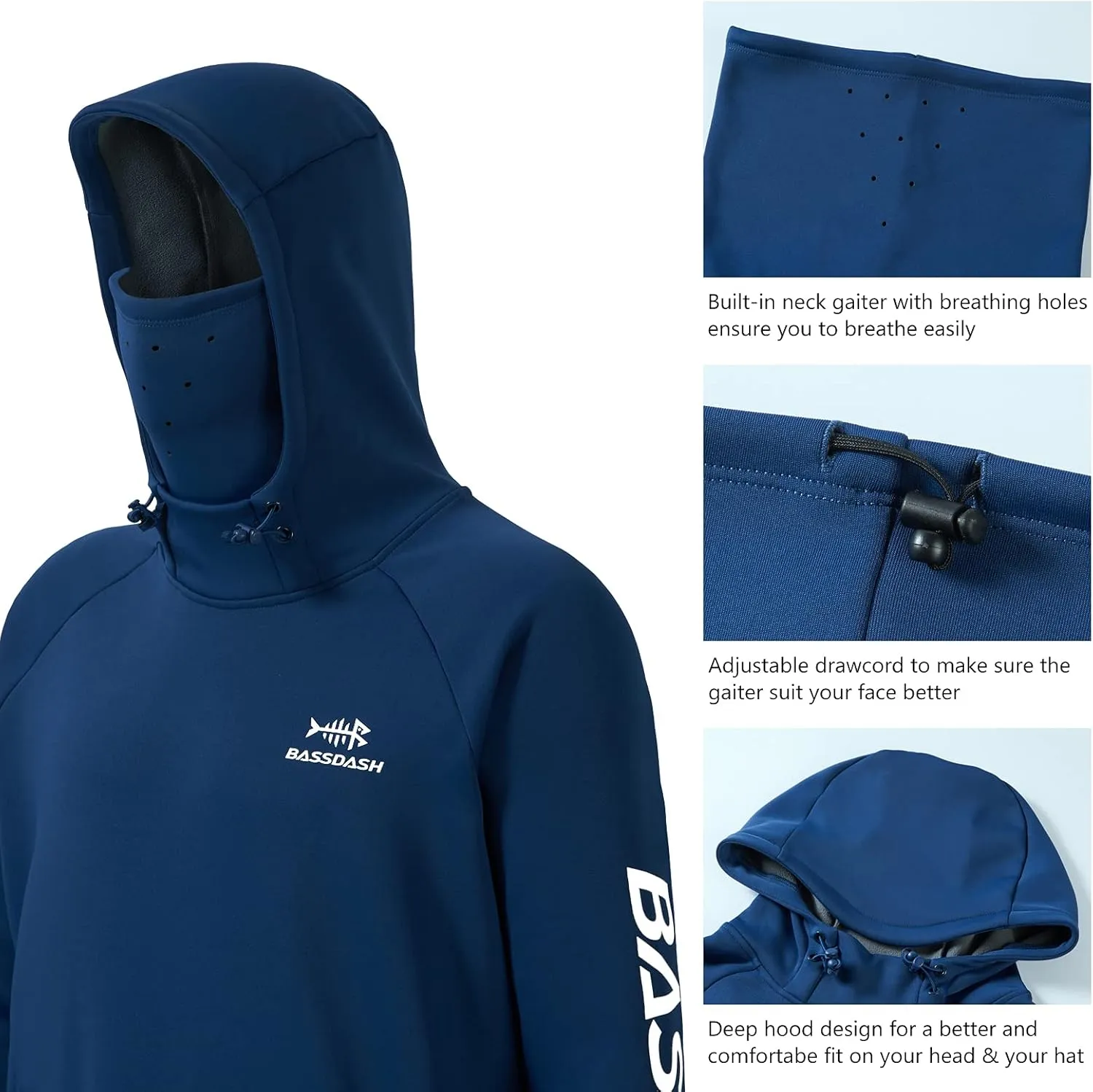 BASSDASH Mens Fishing Fleece Hoodie with Neck Gaiter Water Resistant Performance Hunting Sweatshirt FS18M