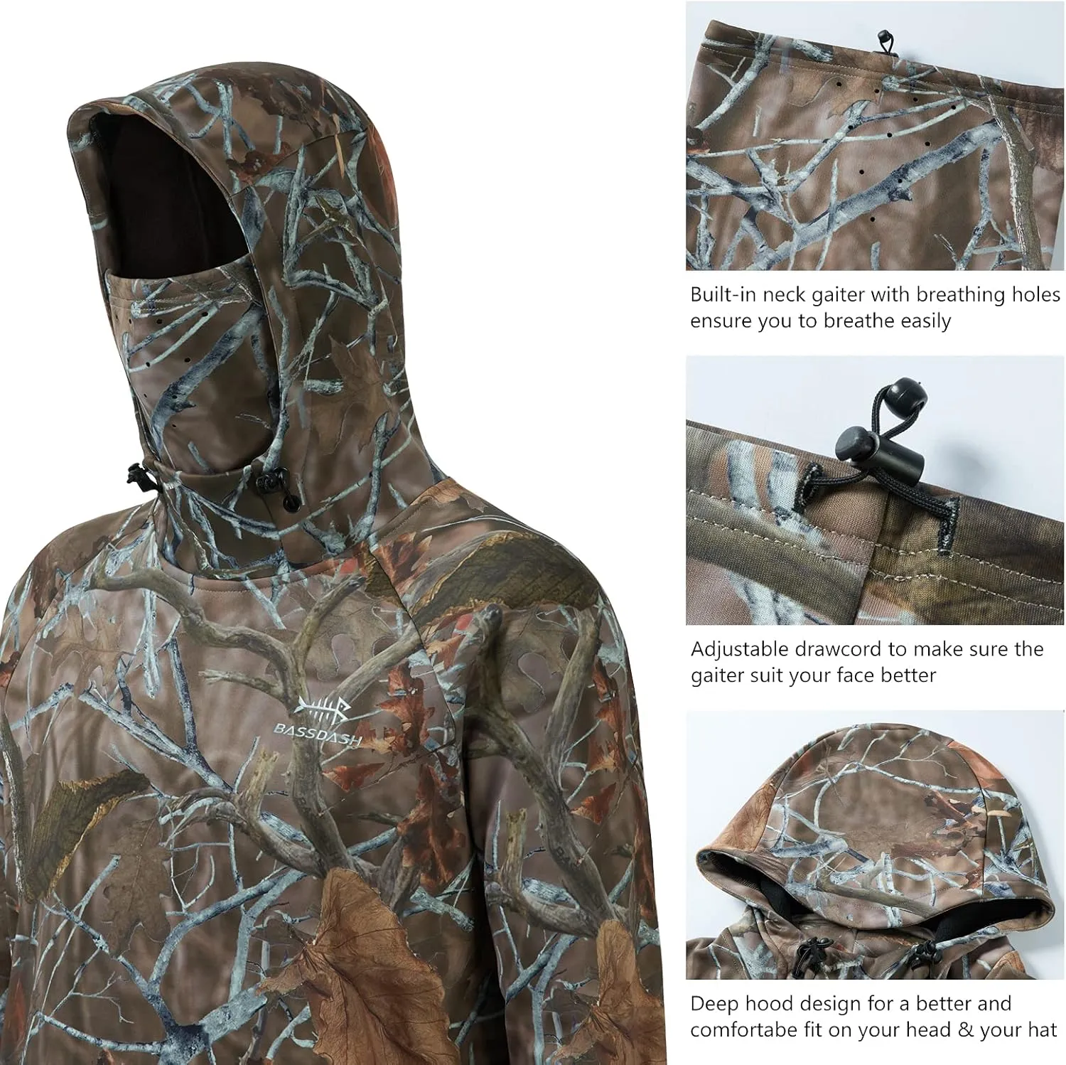 BASSDASH Mens Fishing Fleece Hoodie with Neck Gaiter Water Resistant Performance Hunting Sweatshirt FS18M