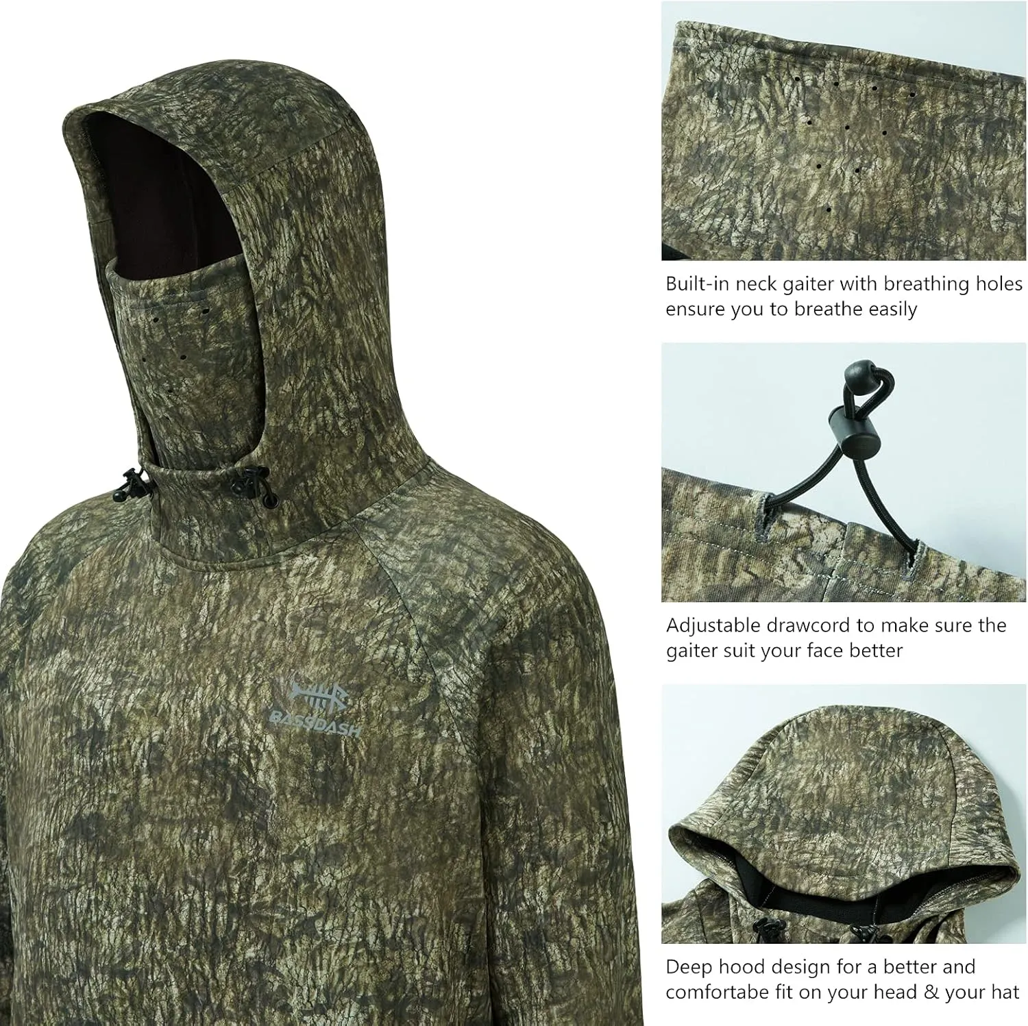 BASSDASH Mens Fishing Fleece Hoodie with Neck Gaiter Water Resistant Performance Hunting Sweatshirt FS18M