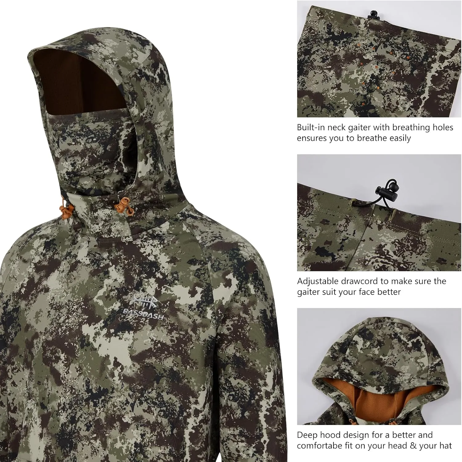 BASSDASH Mens Fishing Fleece Hoodie with Neck Gaiter Water Resistant Performance Hunting Sweatshirt FS18M