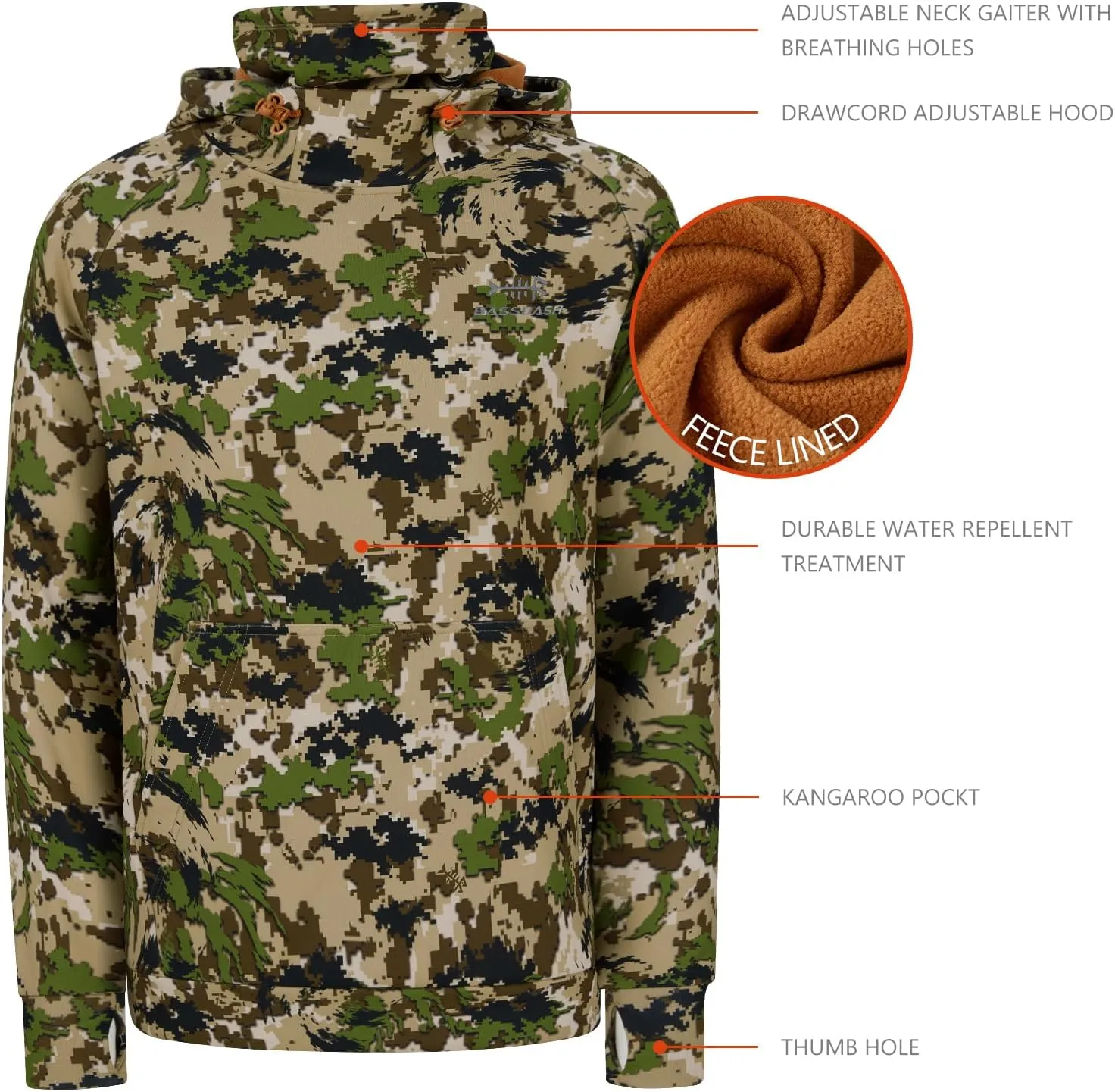 BASSDASH Mens Fishing Fleece Hoodie with Neck Gaiter Water Resistant Performance Hunting Sweatshirt FS18M