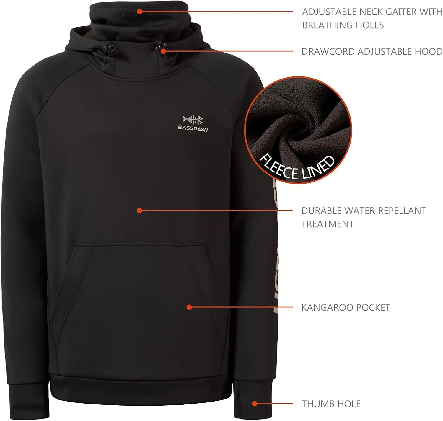 BASSDASH Mens Fishing Fleece Hoodie with Neck Gaiter Water Resistant Performance Hunting Sweatshirt FS18M