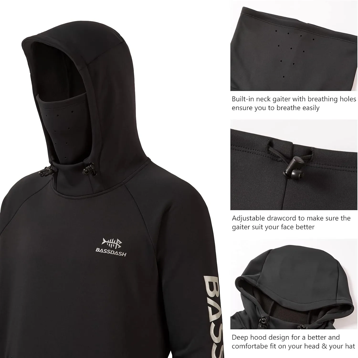 BASSDASH Mens Fishing Fleece Hoodie with Neck Gaiter Water Resistant Performance Hunting Sweatshirt FS18M