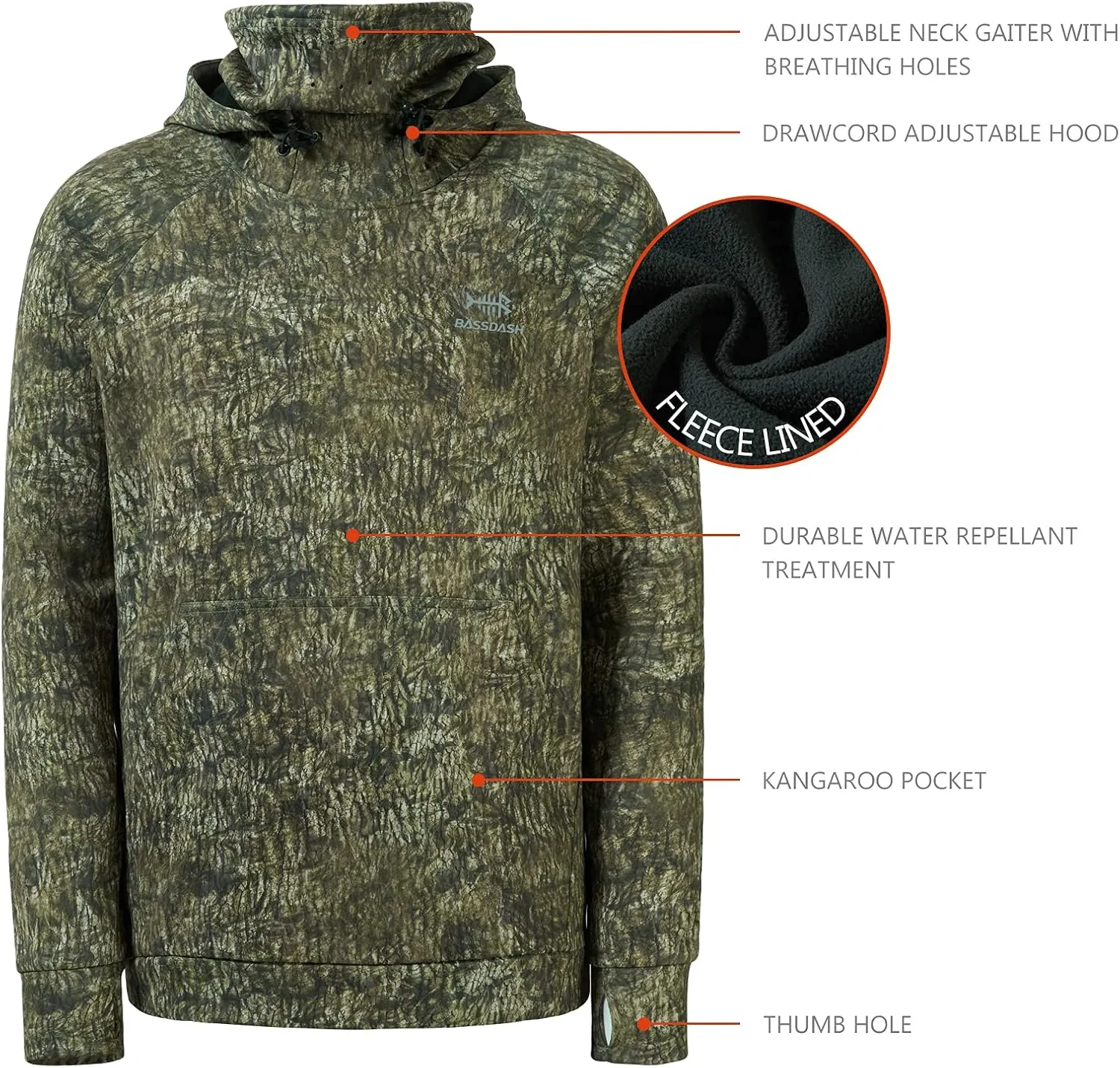 BASSDASH Mens Fishing Fleece Hoodie with Neck Gaiter Water Resistant Performance Hunting Sweatshirt FS18M