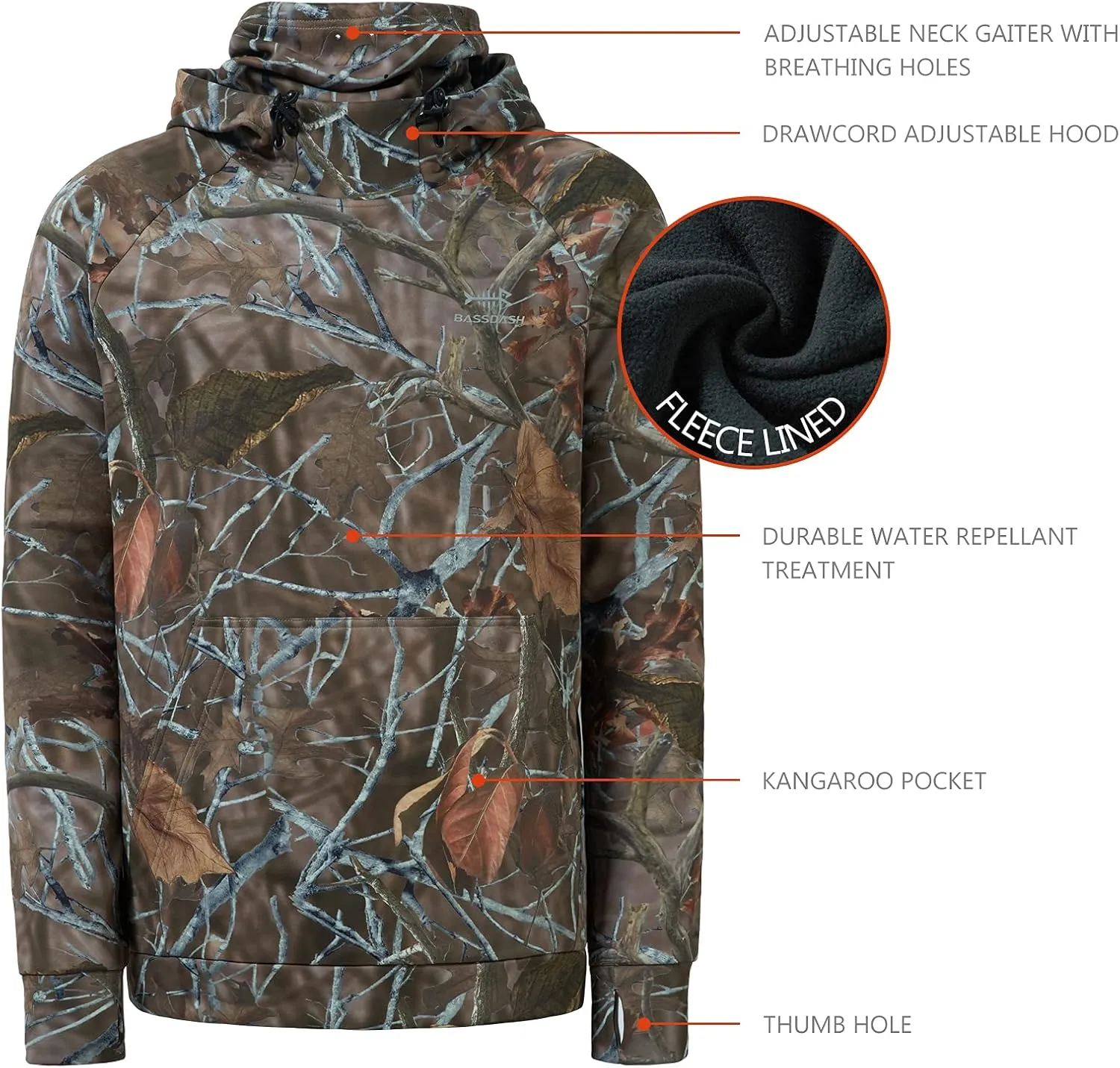 BASSDASH Mens Fishing Fleece Hoodie with Neck Gaiter Water Resistant Performance Hunting Sweatshirt FS18M