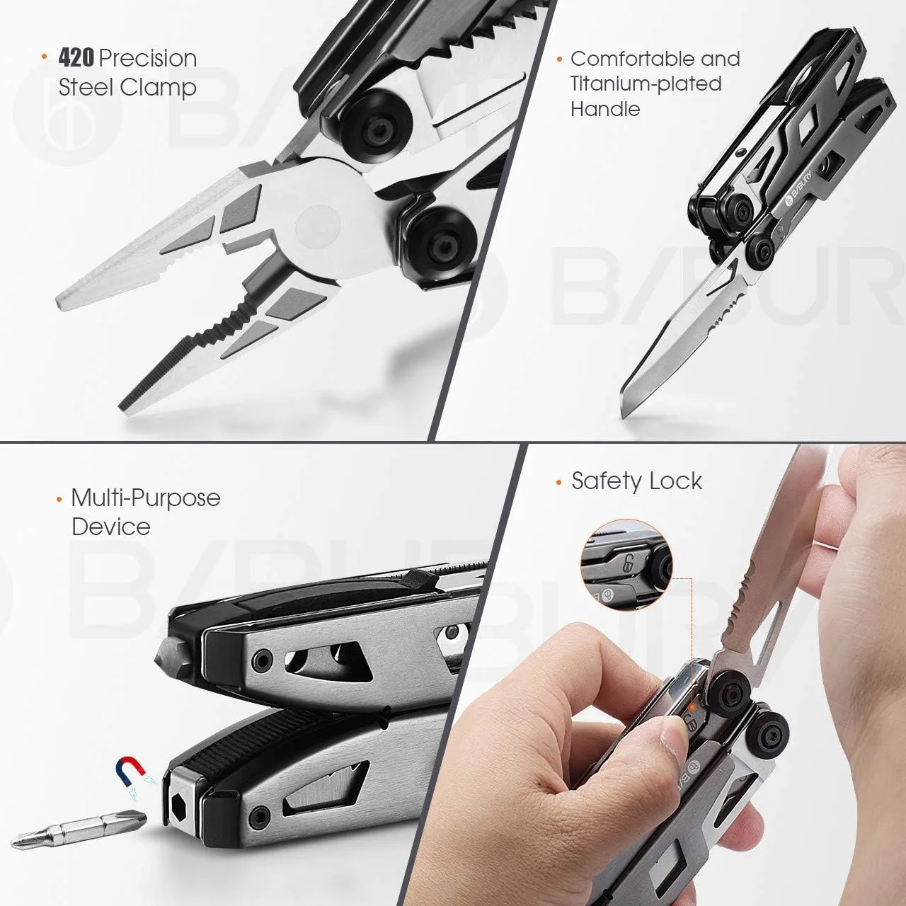 BIBURY Multitool Pliers, 18 in 1 Multi Tool with Titanium-Plated Handle & Safety Hammer, Safety Locking Design Stainless Steel Tool Pocket Knife for Outdoor, Survival, Camping, Hiking, Home Repair