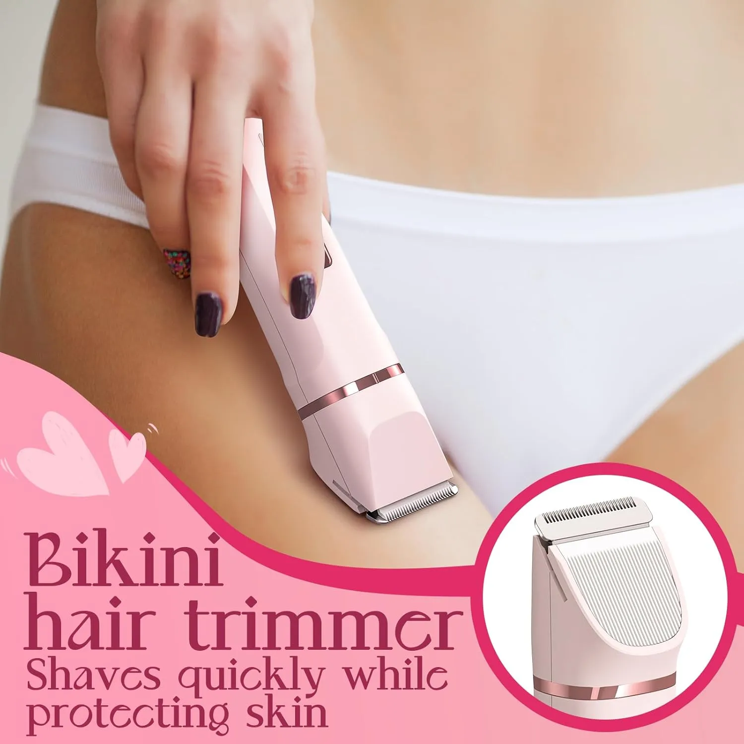 Bikini Trimmer for Women - Painless Electric Razors for Silk Skin,Cordless Body Shaver for Trip,Replaceable Lady Facial Razor, IPX7 Waterproof&Easy Cleaning, Ceramic Blade, USB Charge Dock Pink