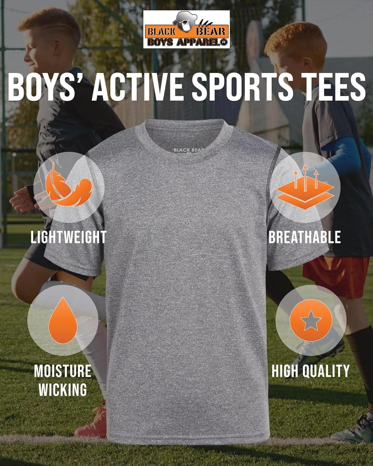Black Bear Boys Youth Dry Fit T-Shirt - 4 Pack Active Athletic Performance Short Sleeve Shirts for Teens (Sizes: 4-18)
