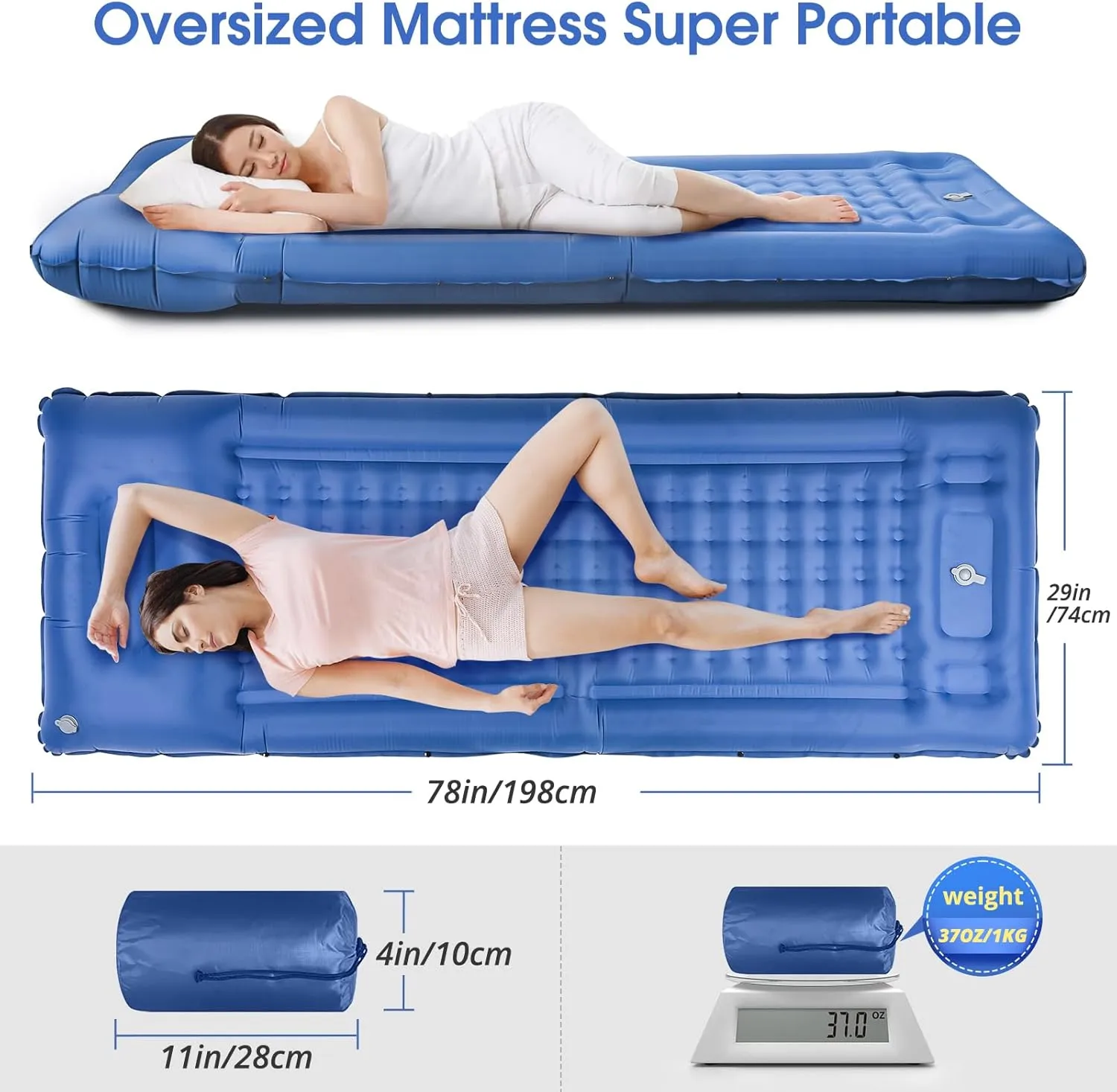 Camping Sleeping PadsExtra Thick 5 Inch Inflatable Sleeping Mat with Pillow Built-in PumpOversized Mattress Super Portable Backpacking Sleeping Pad (Blue, Single)
