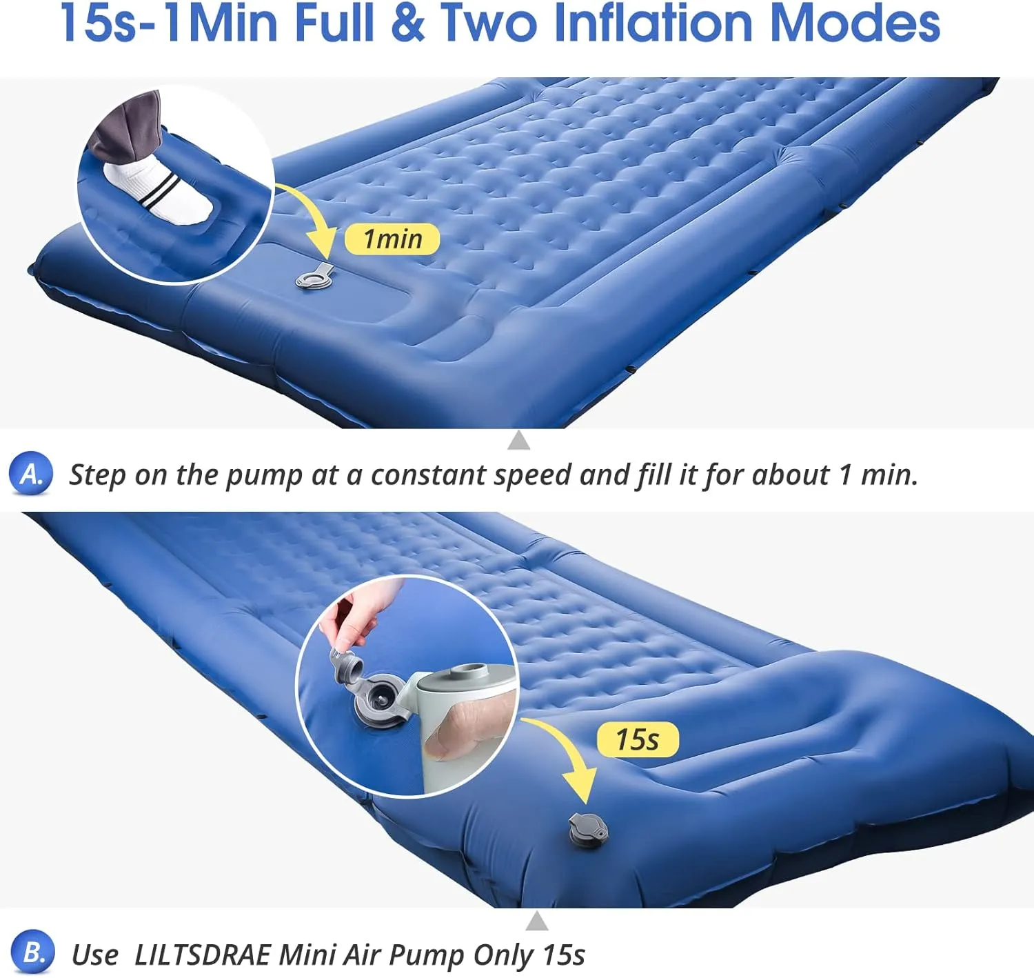 Camping Sleeping PadsExtra Thick 5 Inch Inflatable Sleeping Mat with Pillow Built-in PumpOversized Mattress Super Portable Backpacking Sleeping Pad (Blue, Single)