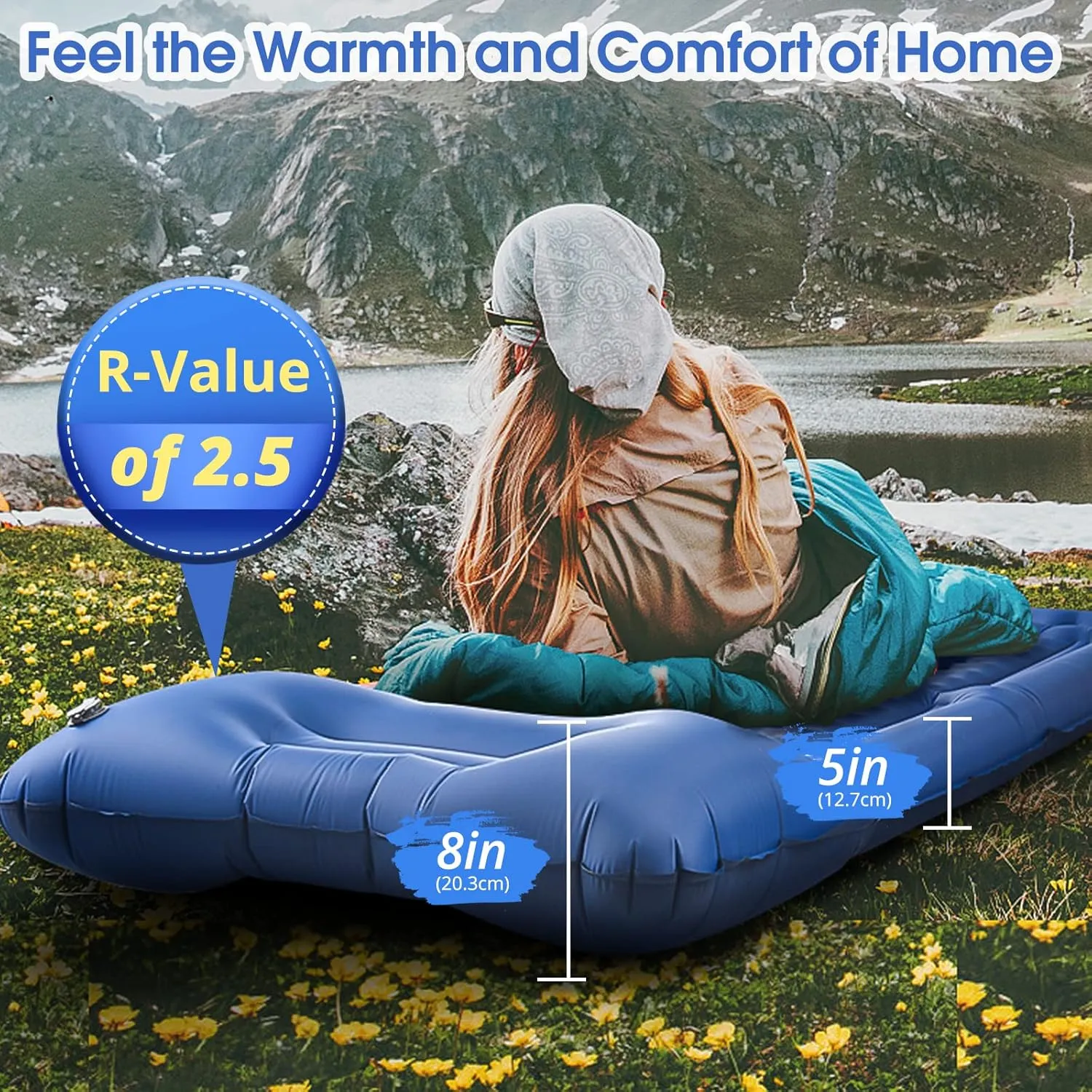 Camping Sleeping PadsExtra Thick 5 Inch Inflatable Sleeping Mat with Pillow Built-in PumpOversized Mattress Super Portable Backpacking Sleeping Pad (Blue, Single)