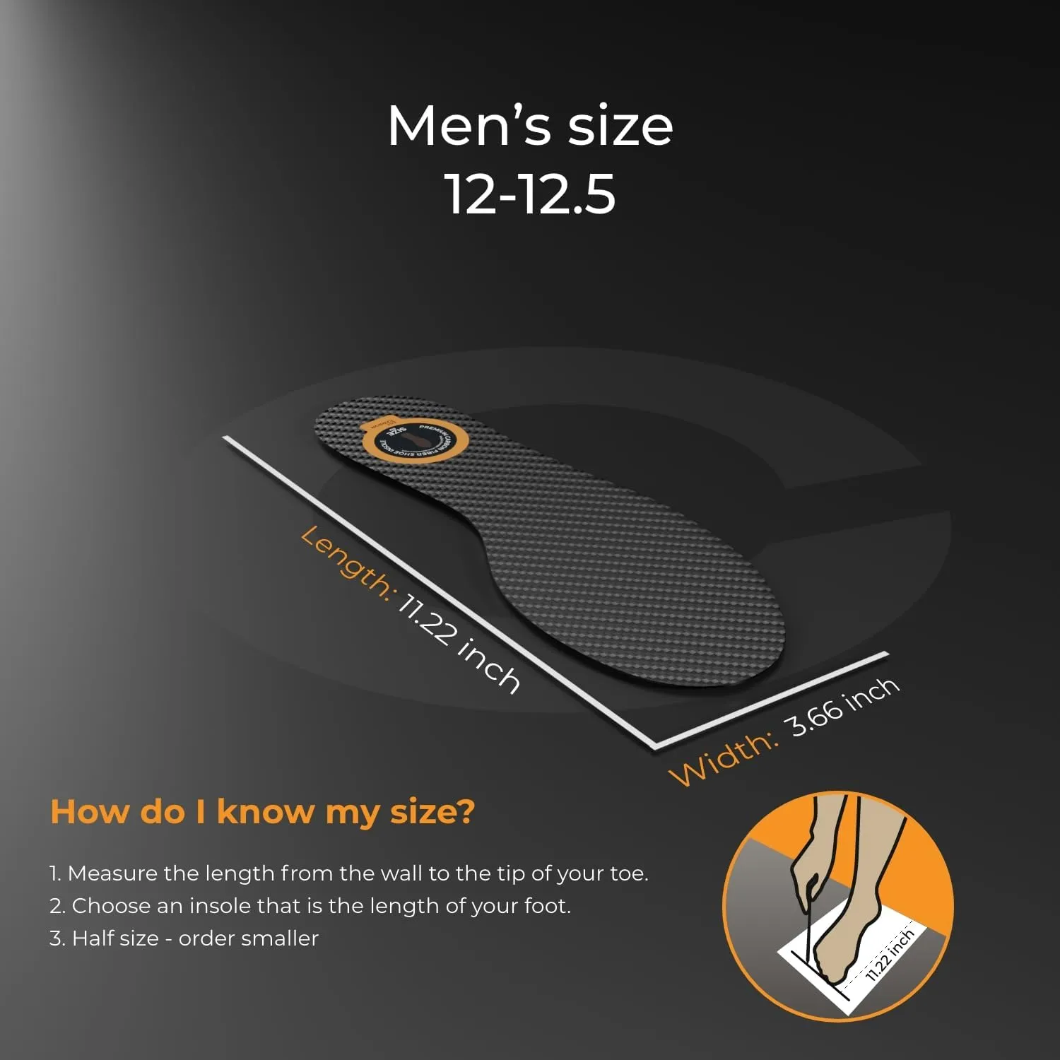Carbon Fiber Insole - 1 pc, Men 12-12.5, Women 13 - Unisex Shoe Insert - Stiff Foot Plate - Orthotic Insole - Turf Toe, Hallux Rigidus, Flat Feet, Plantar Fasciitis, Mortons Extension
