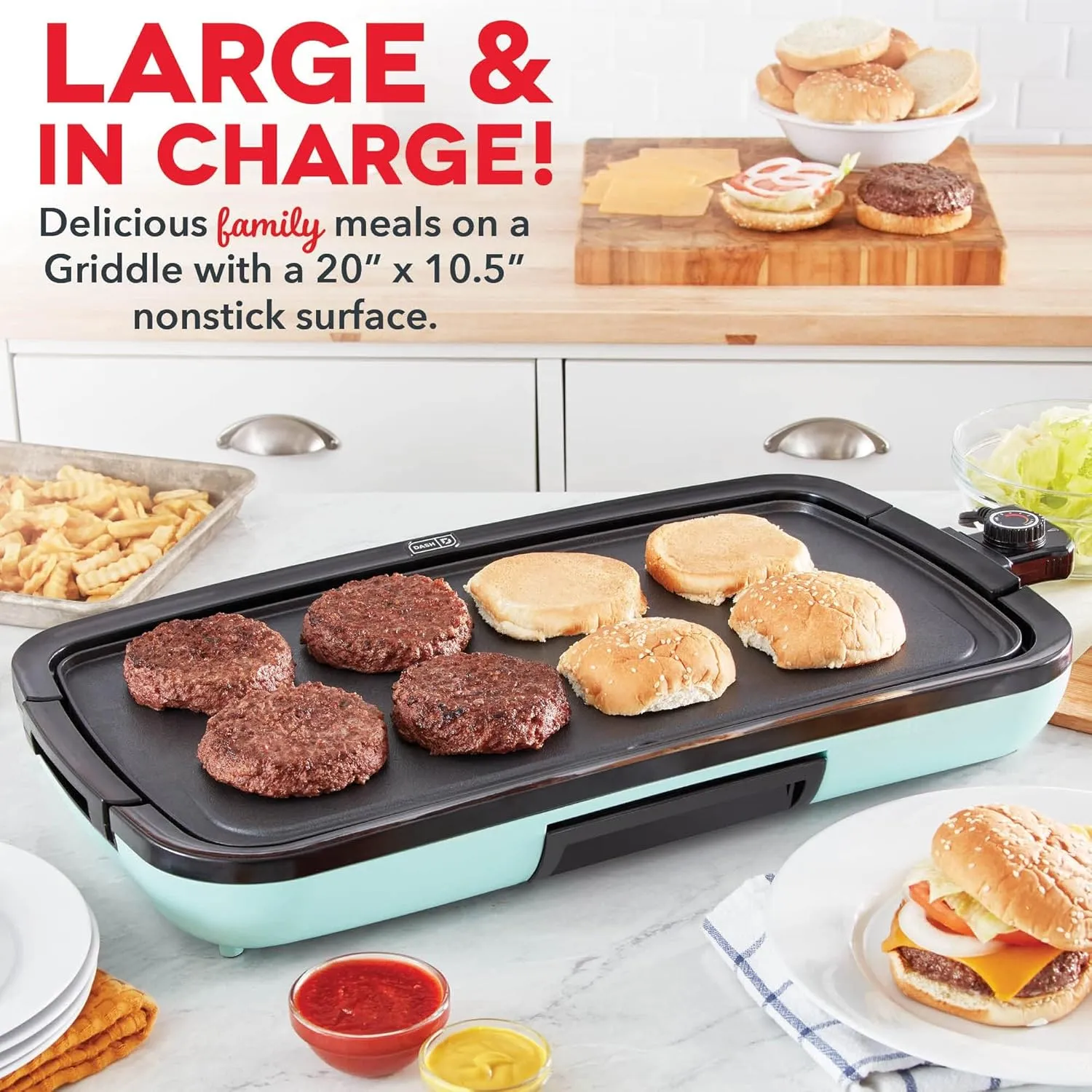 DASH Deluxe Everyday Electric Griddle with Dishwasher Safe Removable Nonstick Cooking Plate for Pancakes, Burgers, Eggs and more, Includes Drip Tray   Recipe Book, 20 x 10.5, 1500-Watt - Aqua