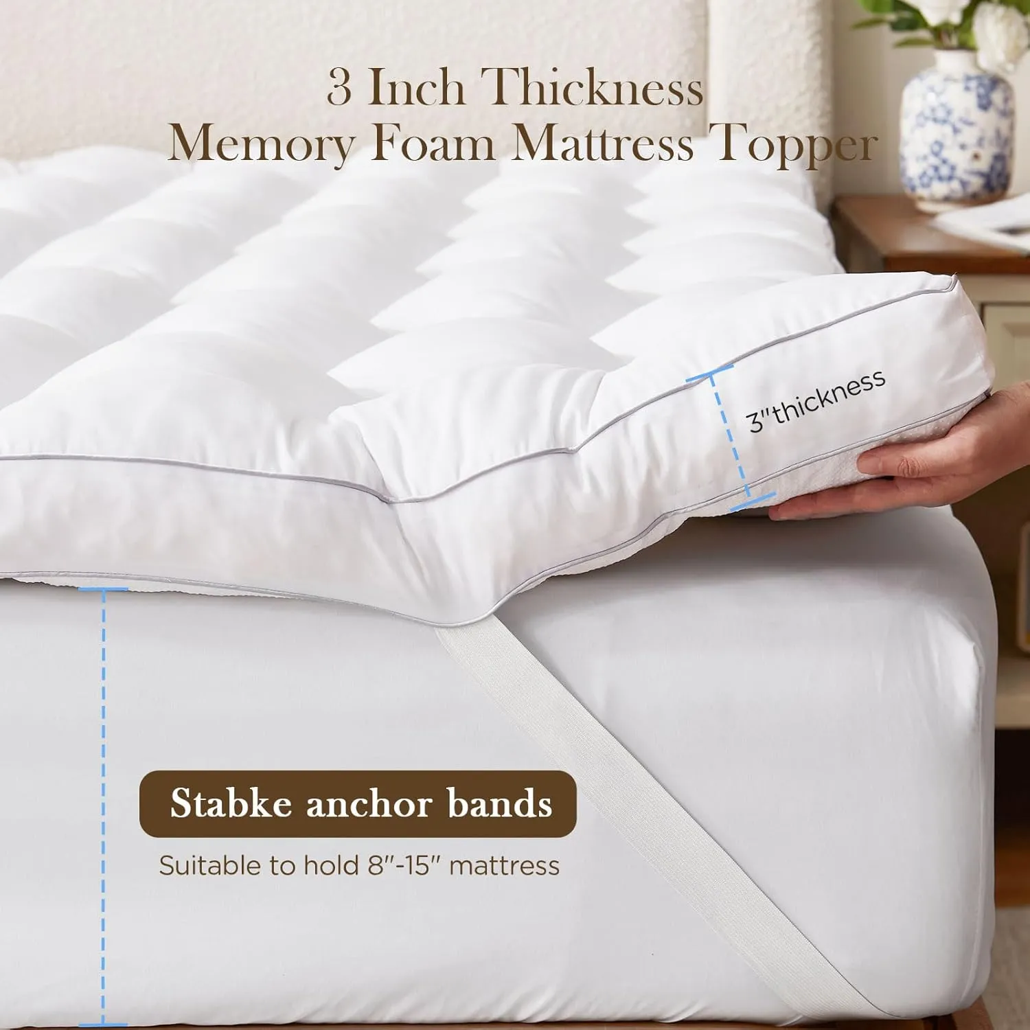 Decroom 3 Inch Memory Foam Mattress Topper Queen Size for Back Pain Relief, Thicked Down Alternative-Lined Mattress PadFilled with Breathable & Soft Memory Foam Pillow Top, 80x60x3 Inch