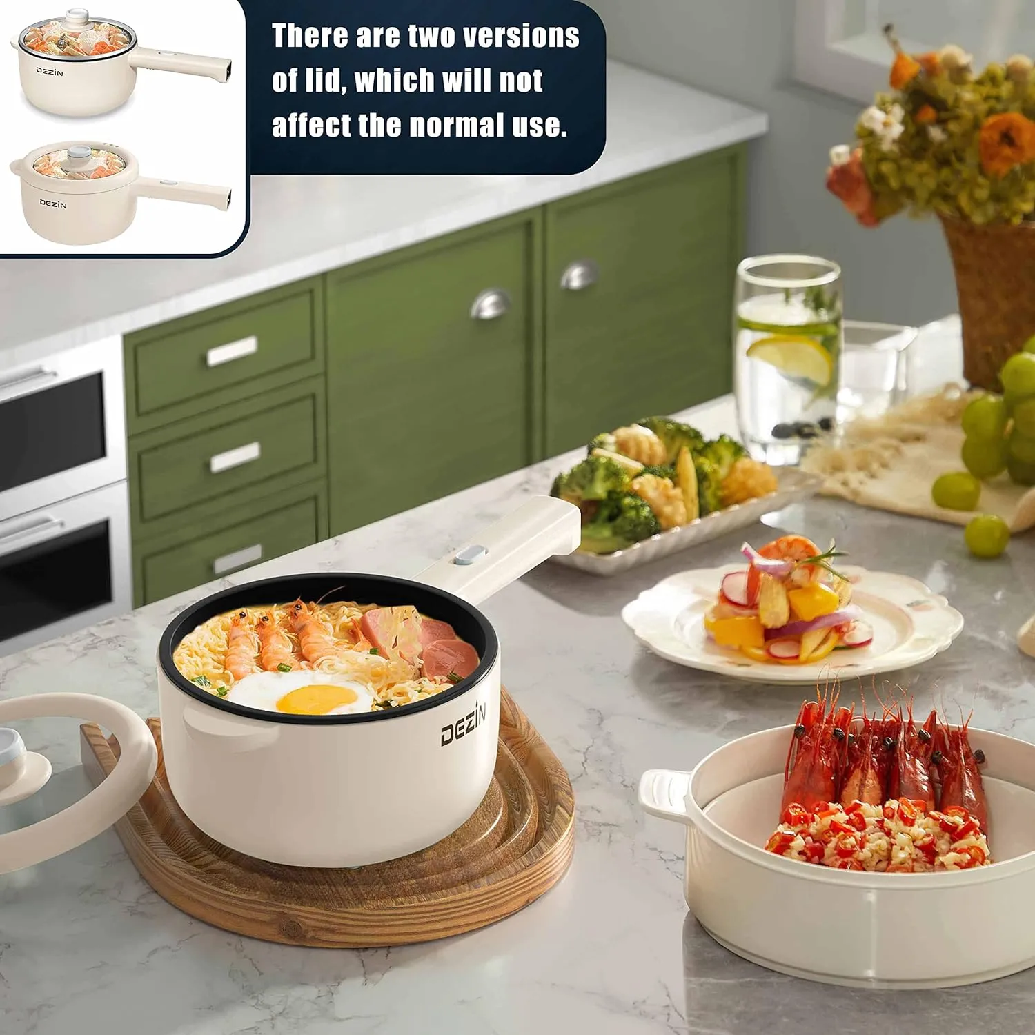 Dezin Electric Cooker, 2L Non-Stick Saut Pan, Rapid Noodles Cooker, Mini Pot for Steak, Egg, Fried Rice, Ramen, Oatmeal, Soup with Power Adjustment, College Dorm Room Essential